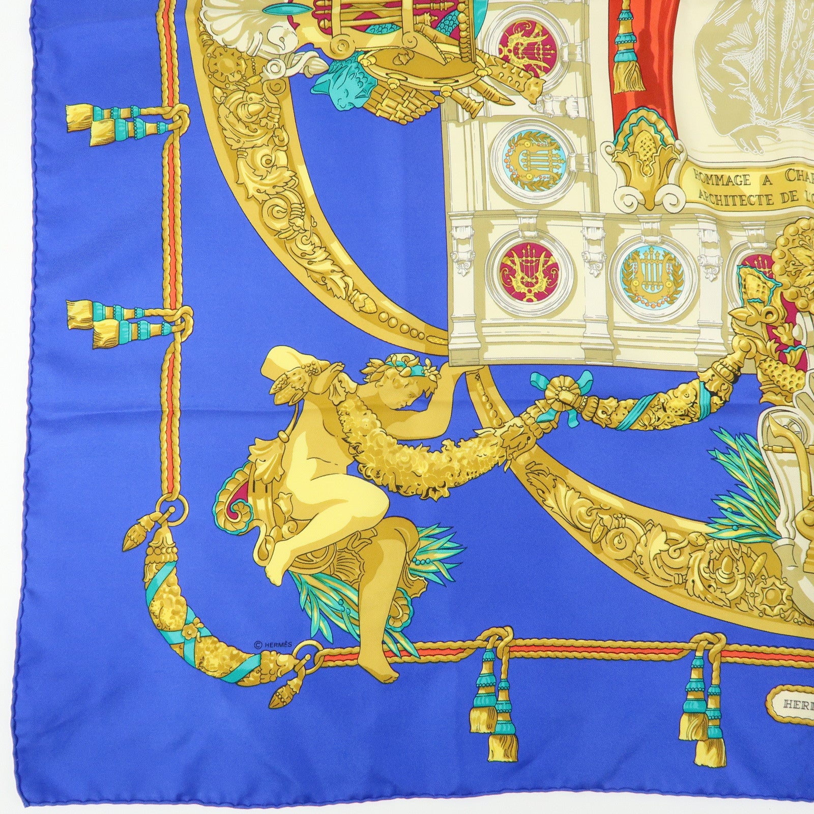 HERMES Carre 90 Silk 100% Scarf HOMMAGE A CHARLES GARNIER Blue
