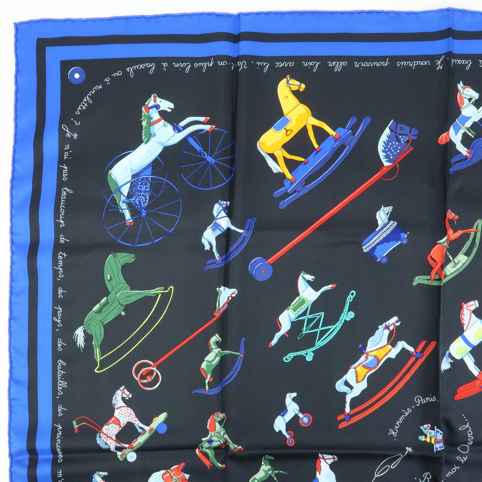 HERMES Carre 90 Silk 100% Scarf Raconte Moi le Cheval Black Blue