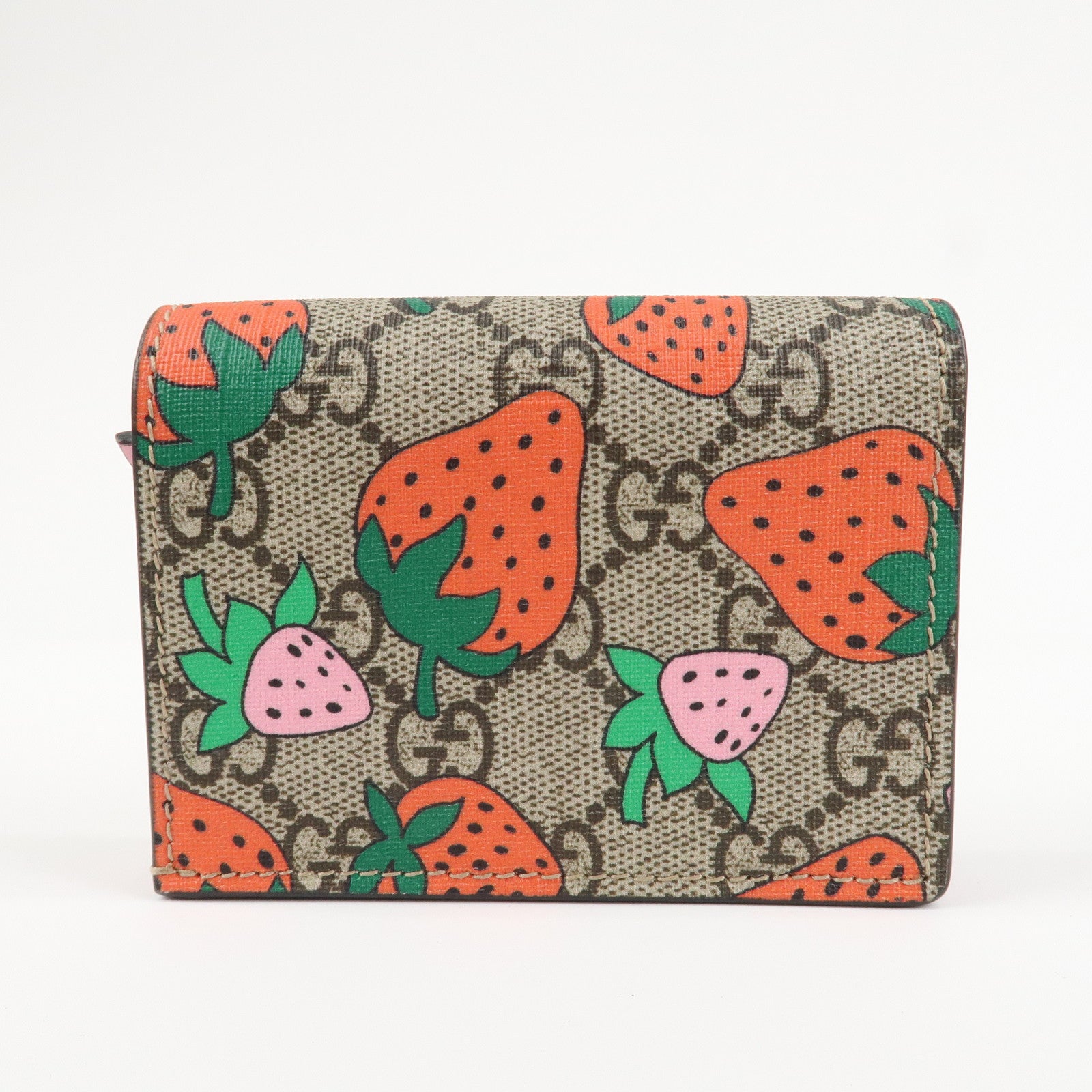 GUCCI GG Supreme Leather Strawberry Print Bi-fold Wallet 573839 Used