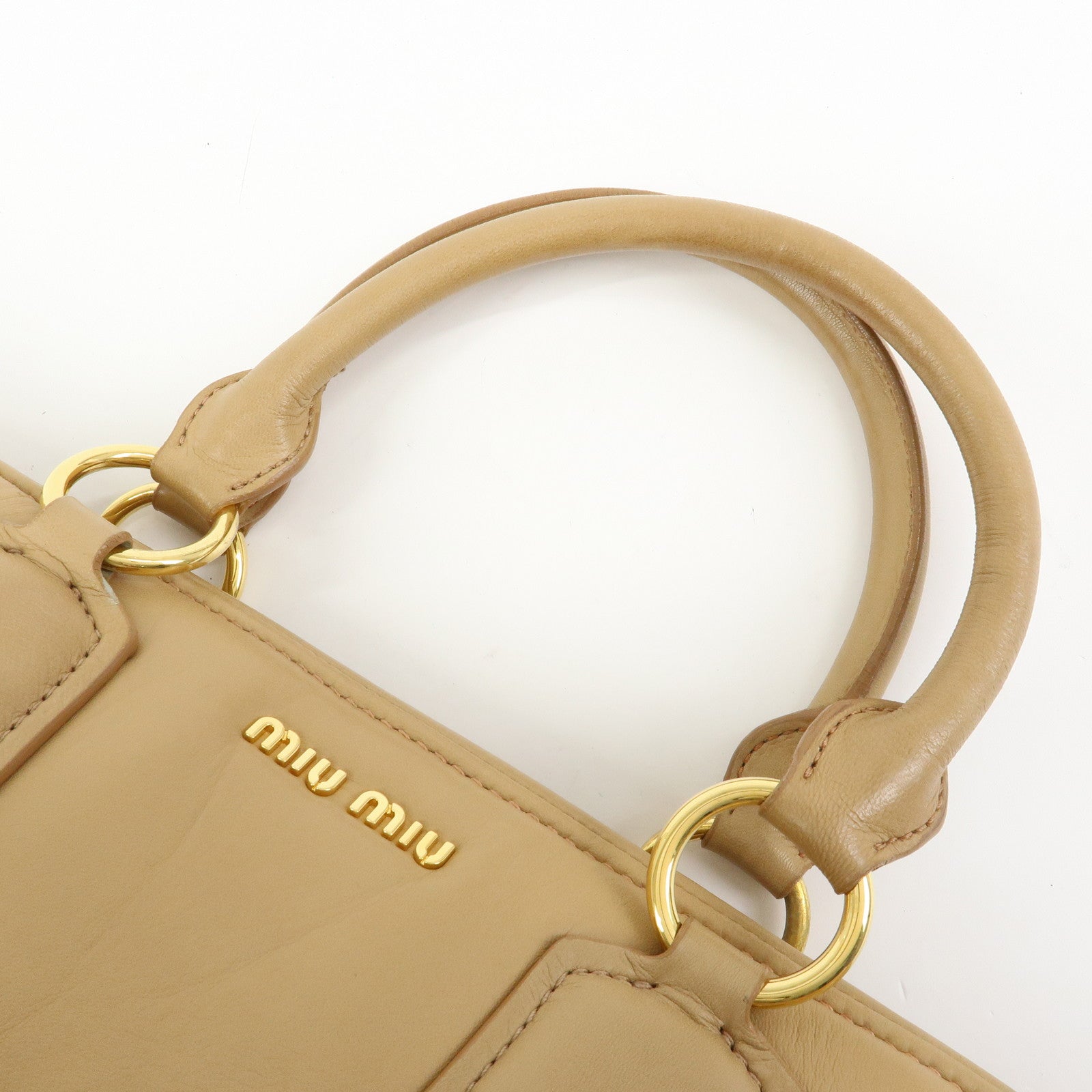 MIU MIU Logo Leather Hand Bag Boston Bag Beige