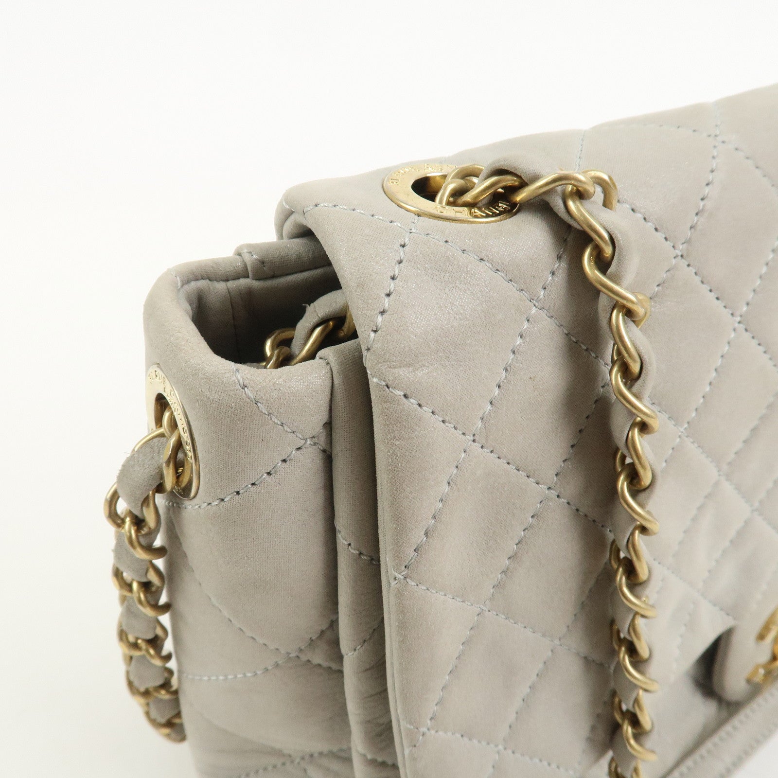CHANEL Matelasse COCO Mark Shiny Lamb Skin Chain Shoulder Bag Gray