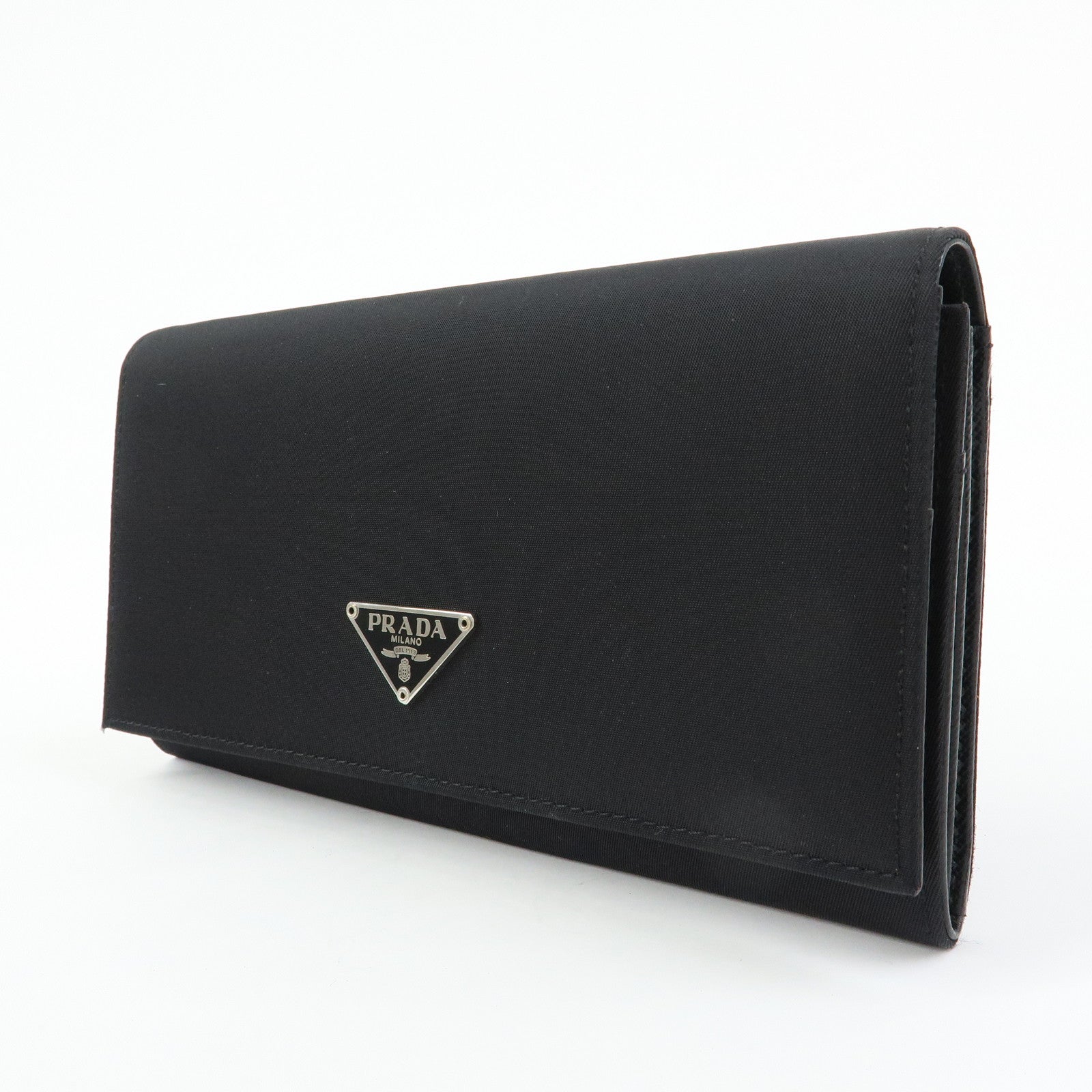 PRADA Triangle Logo Nylon Leather Long Wallet Black M608