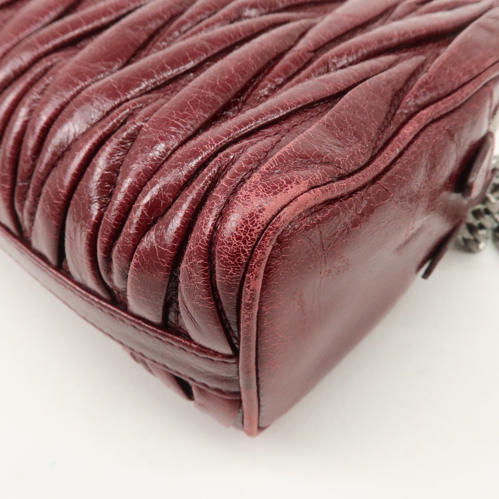 MIUMIU Matelasse Leather Shoulder Bag Burgundy Silver Hardware Used