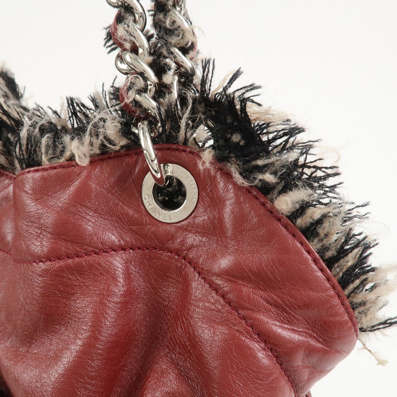 CHANEL Leather Tweed Chain Shoulder Tote Bag Bordeaux A49559