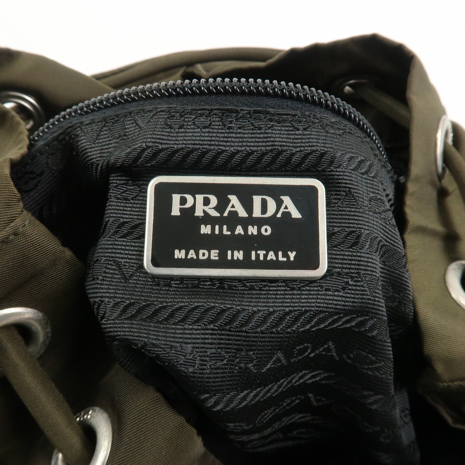 PRADA Triangle Logo Nylon Leather Backpack Rucksack Khaki B6677