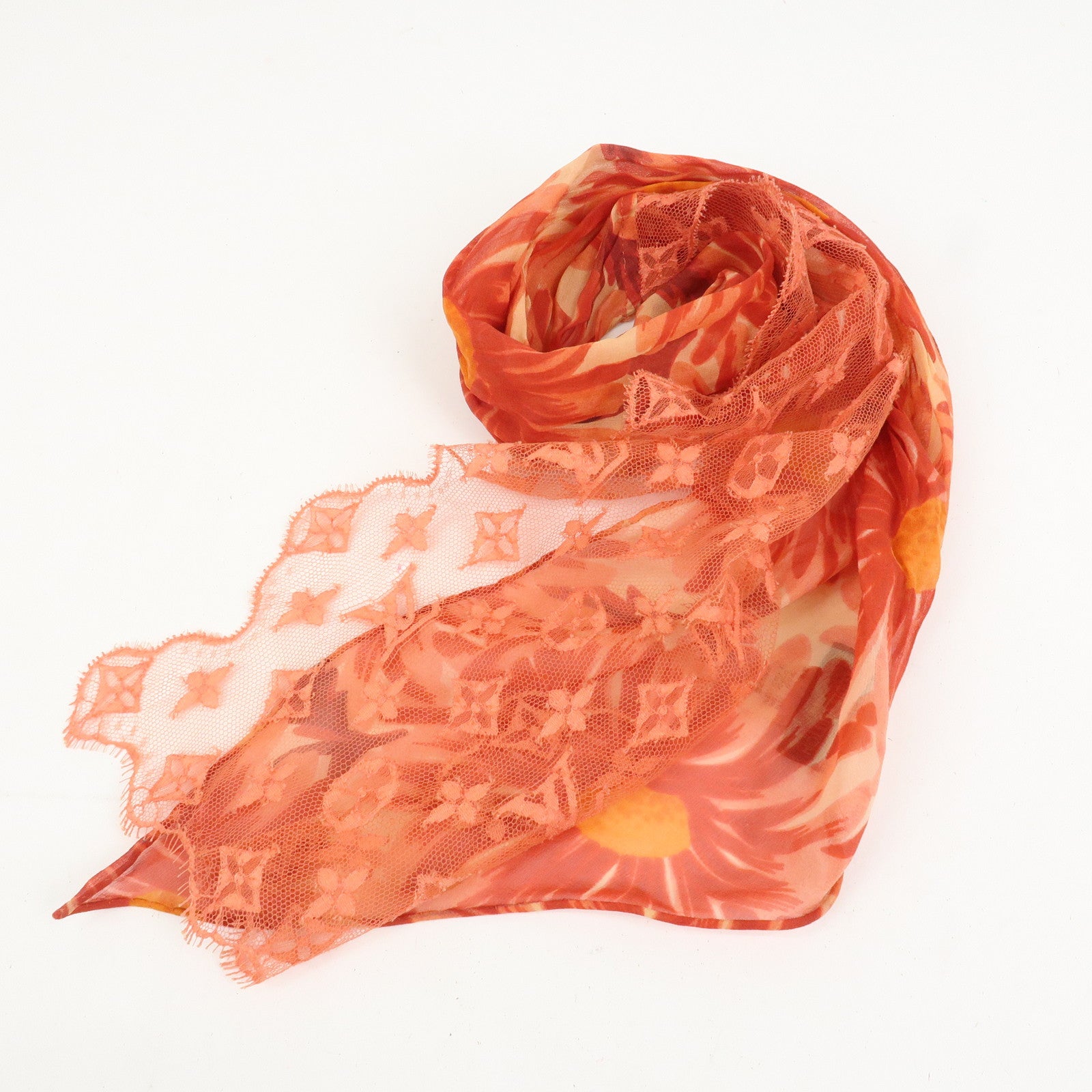 Louis Vuitton Monogram Silk Cotton Nylon Scarf Flower Print Orange