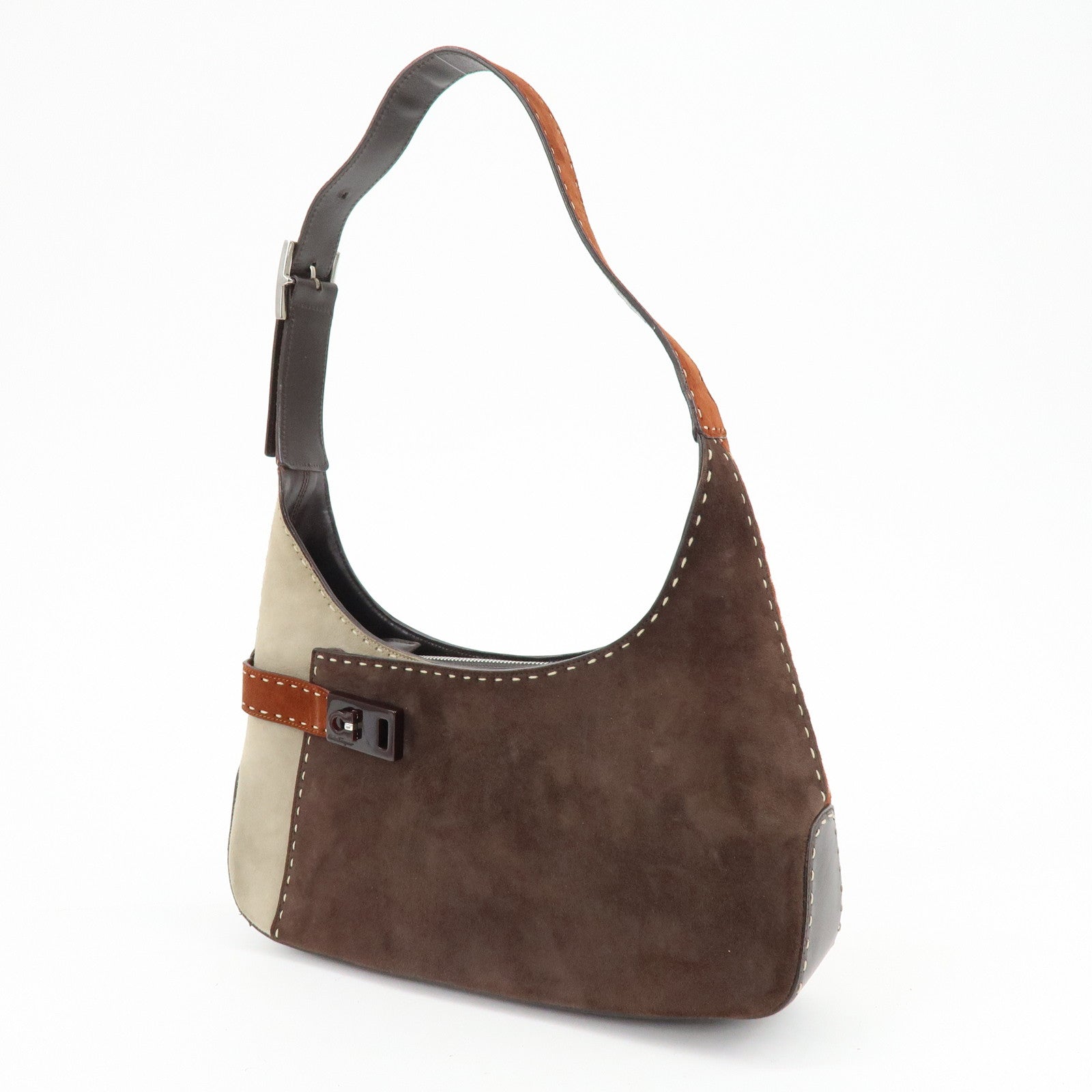Ferragamo Gancini Suede Leather Shoulder Bag Hand Bag Brown Beige