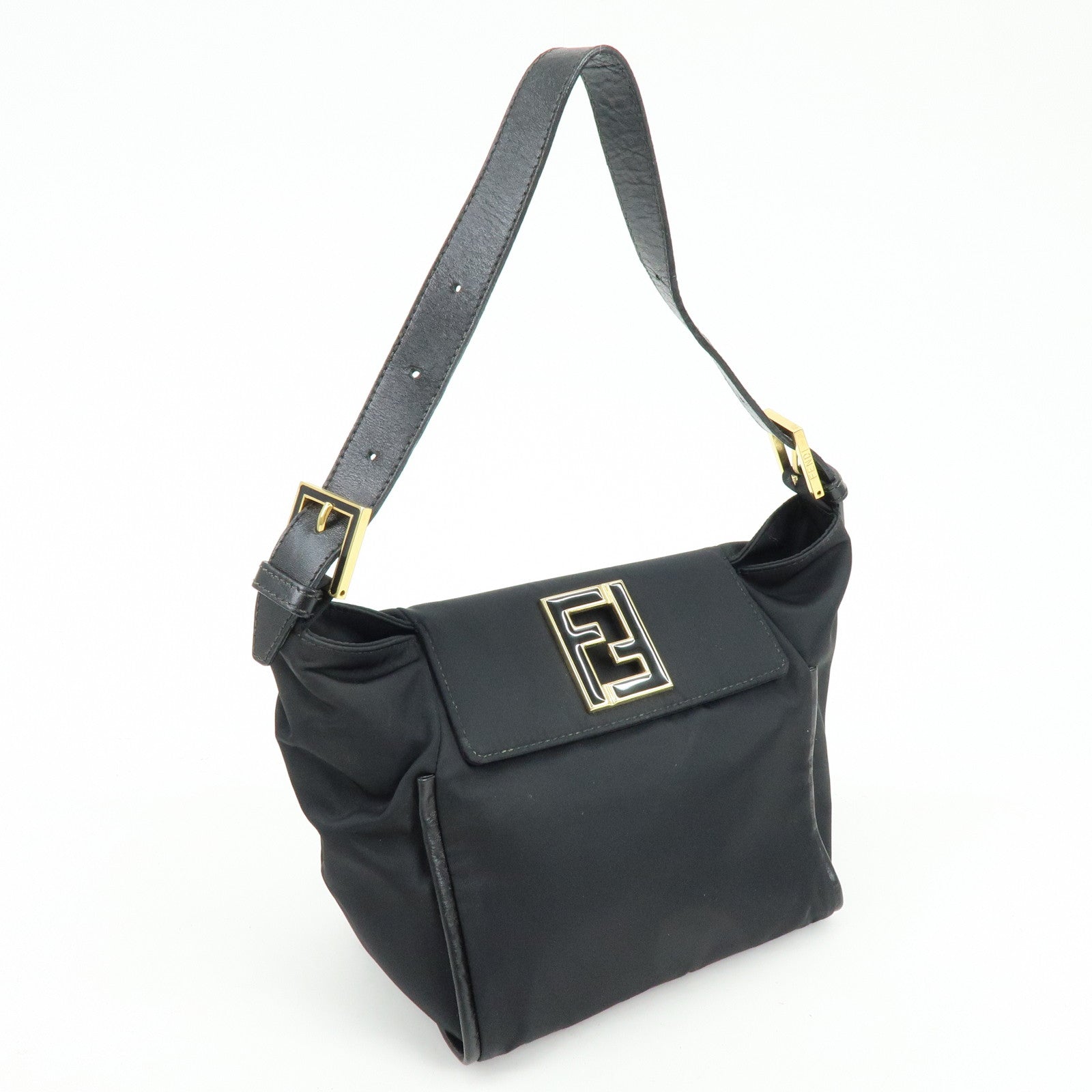FENDI Nylon Leather Hand Bag Shoulder Bag Black 15333