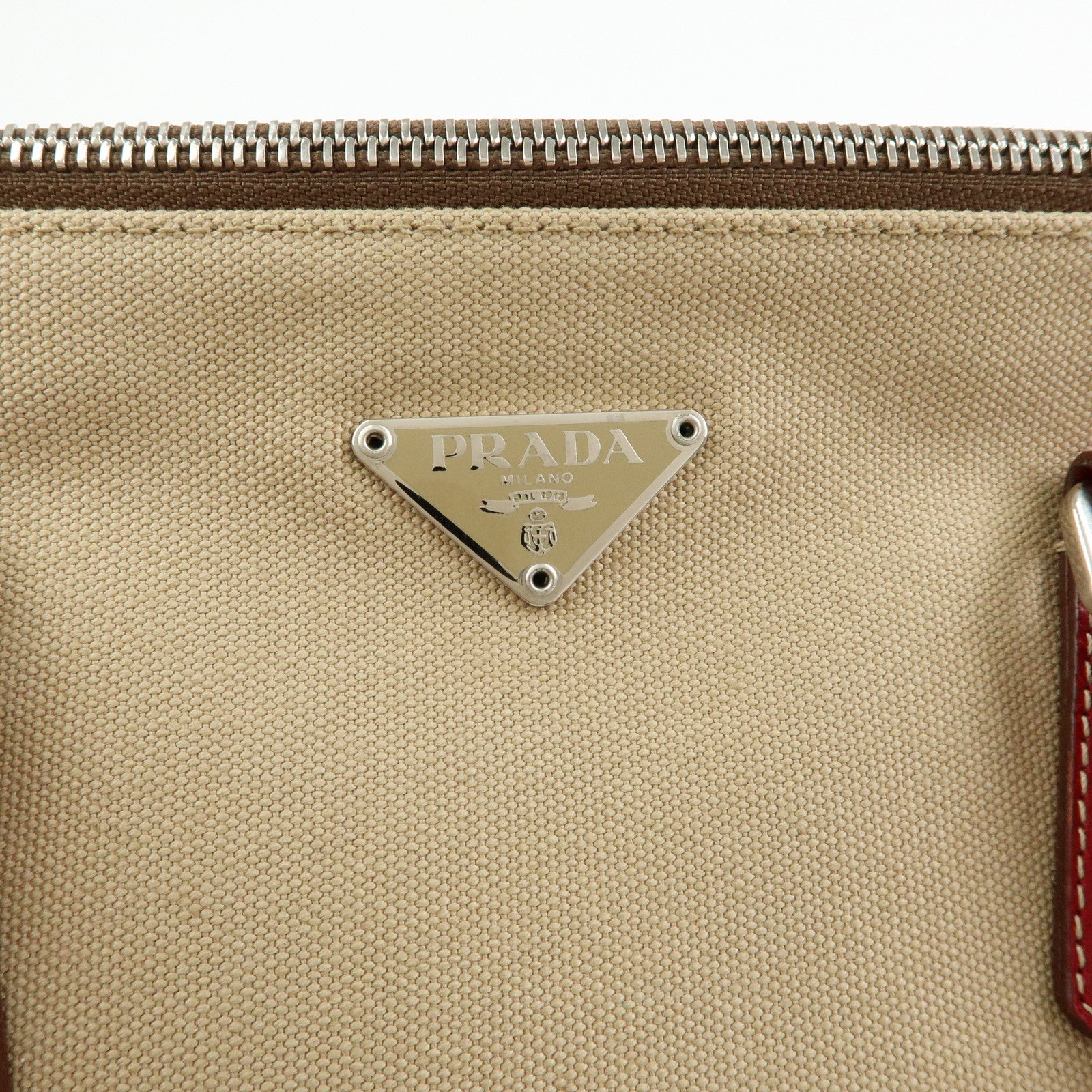 PRADA Triangle Logo Canvas Leather Hand Bag Beige Red