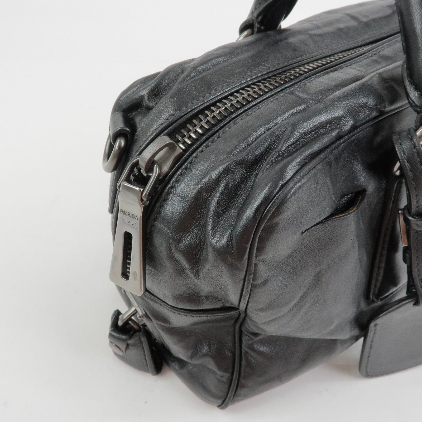 PRADA Leather Boston Bag Hand Bag Black BL0758