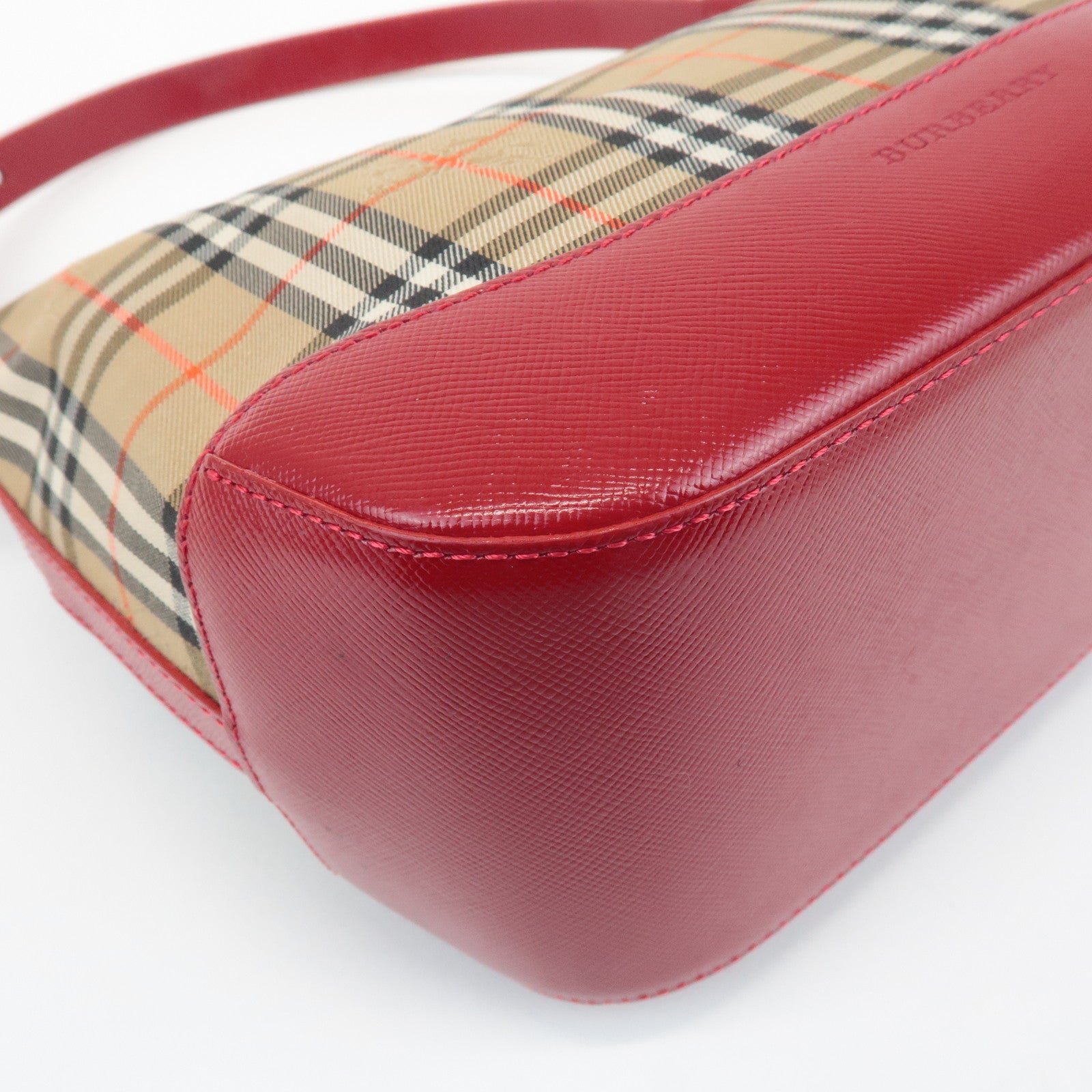 BURBERRY Nova Plaid Canvas Leather Shoulder Bag Red Used
