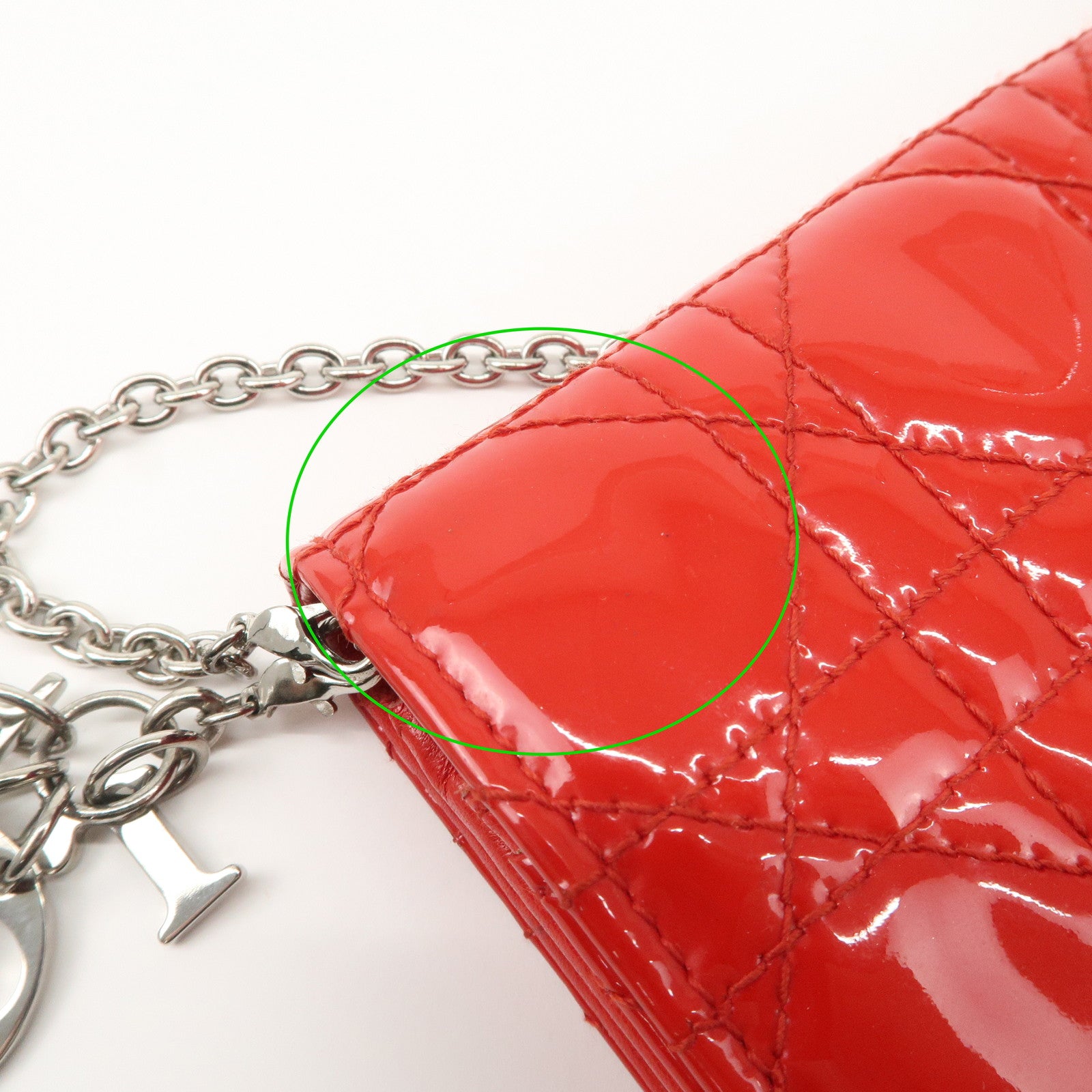 Christian Dior Lady Dior Cannage Patent Leather Chain Wallet Red Silver Used