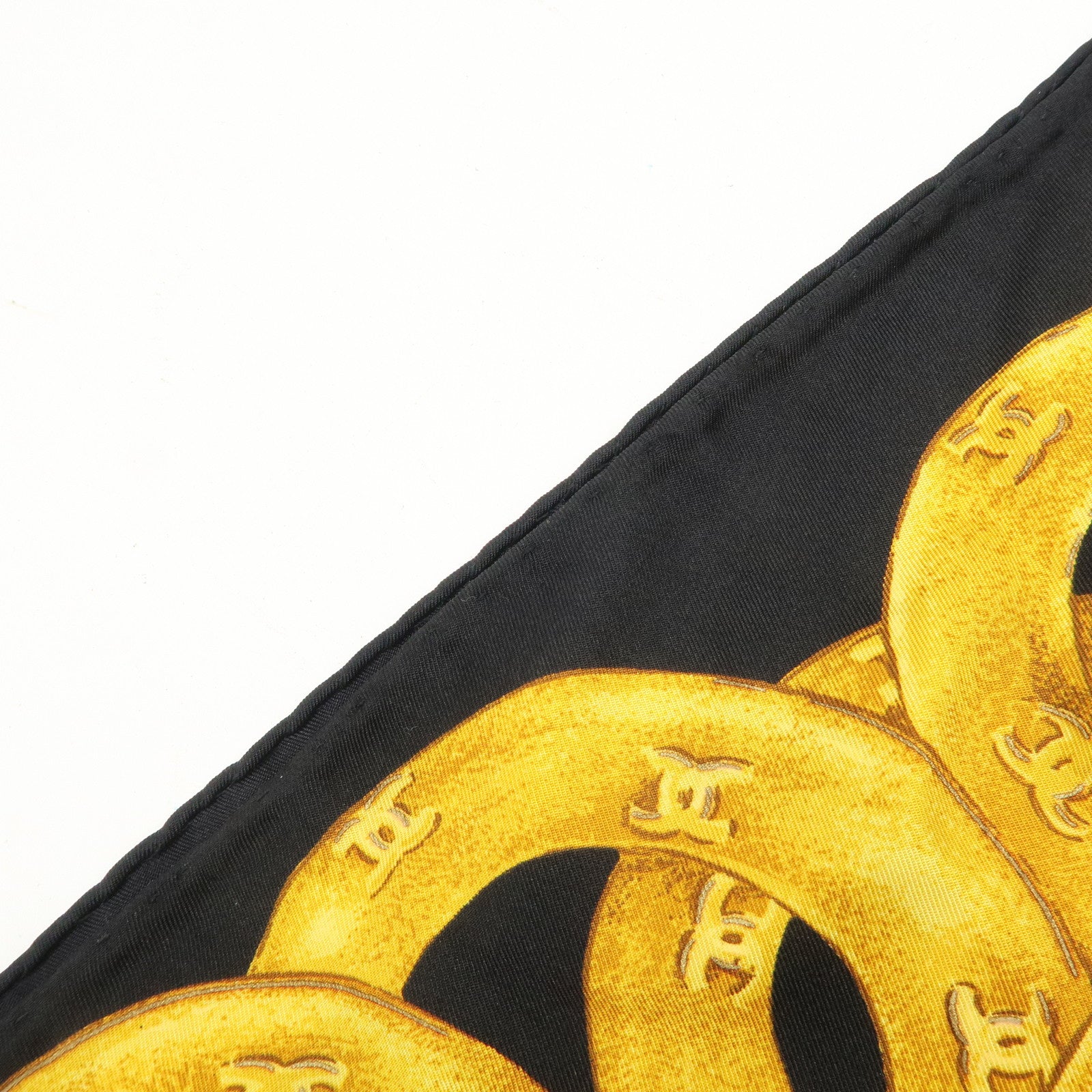 CHANEL COCO Mark Silk 100% Scarf Chain Pattern Black Gold Used