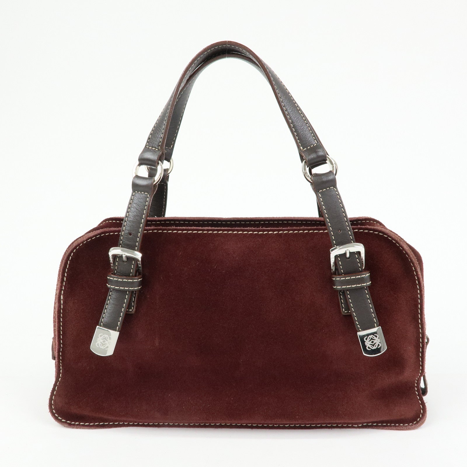 LOEWE Anagram Suede Leather Studs Hand Bag Bordeaux