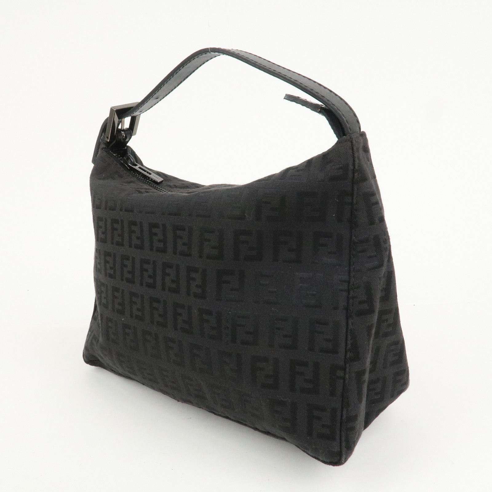 FENDI Zucchino Canvas Leather Hand Bag Pouch Black 8N0005