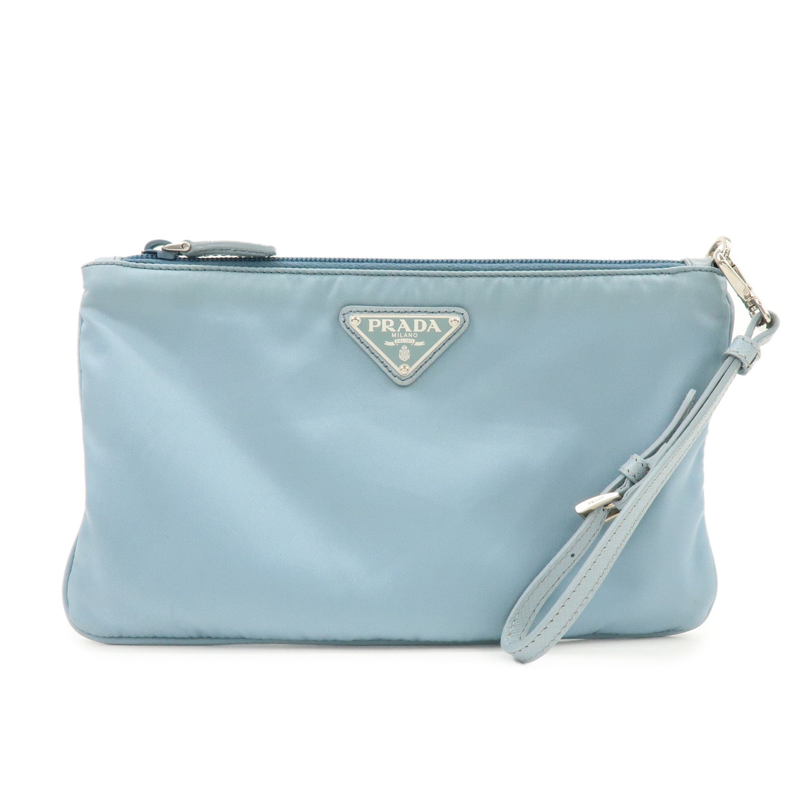 PRADA Triangle Logo TESSUTO IMPUNTU Nylon Pouch Light Blue 1NH545