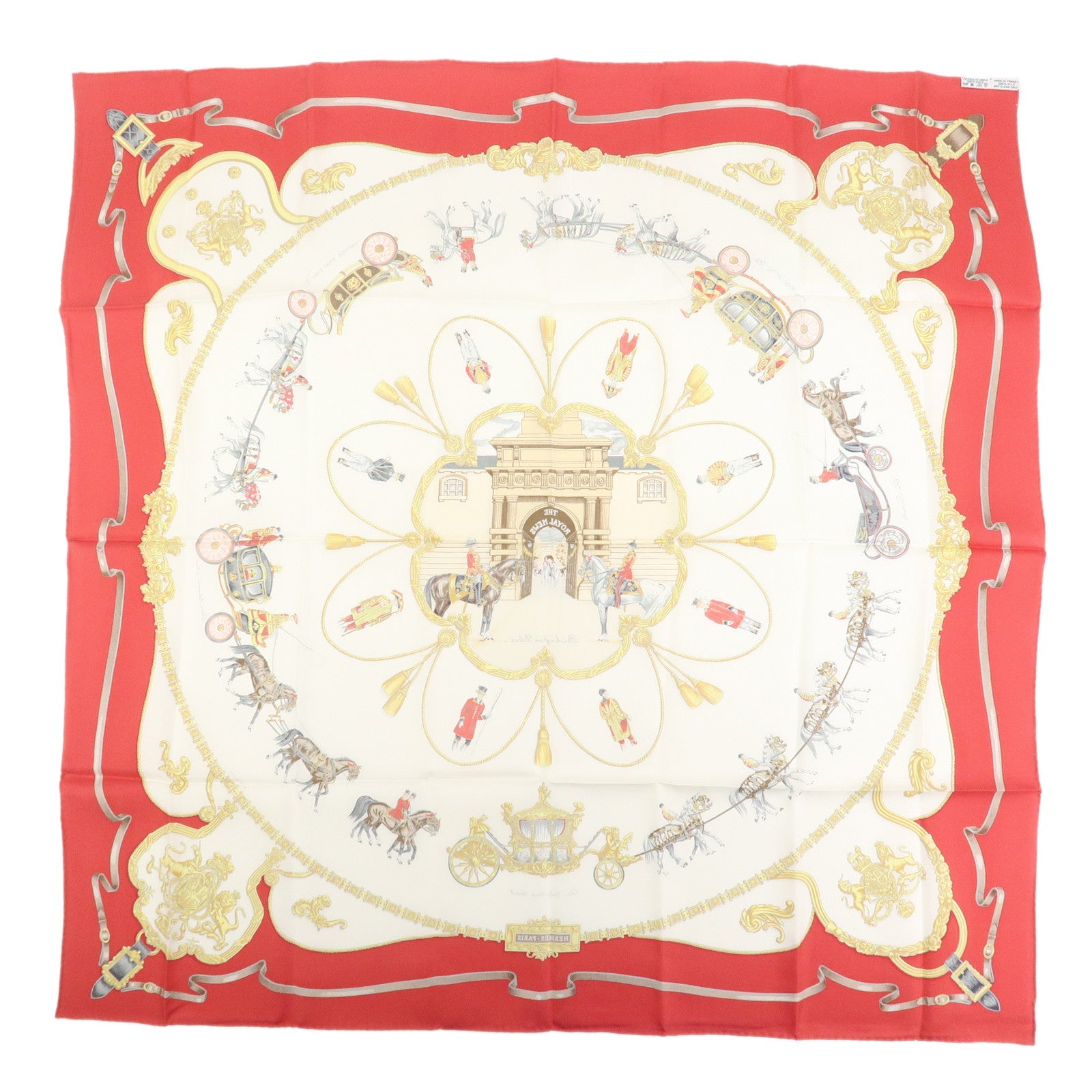 HERMES Carre 90 Silk 100% THE ROYAL MEWS Scarf Red White