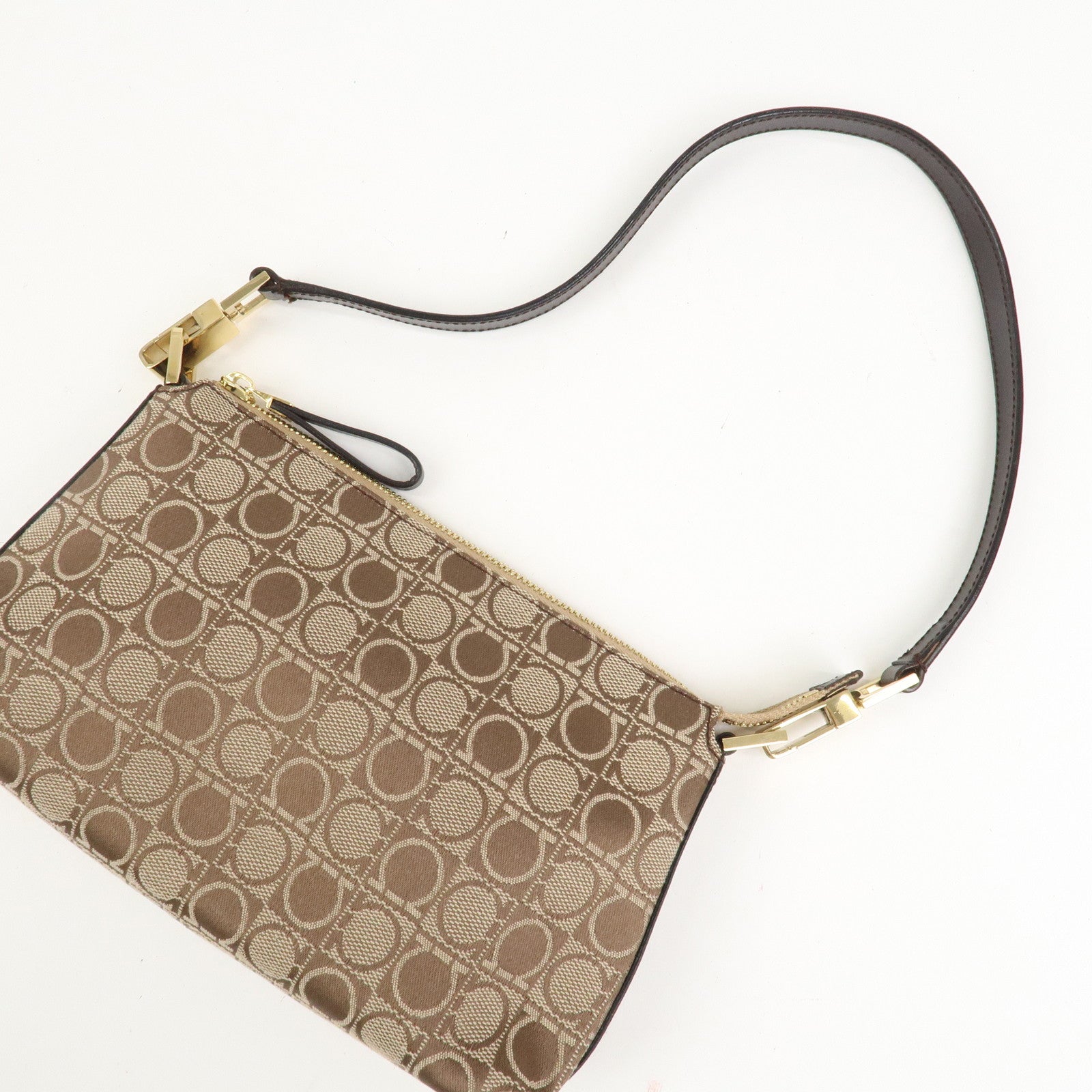 Ferragamo Gancini Canvas Leather Shoulder Bag Hand Bag Brown