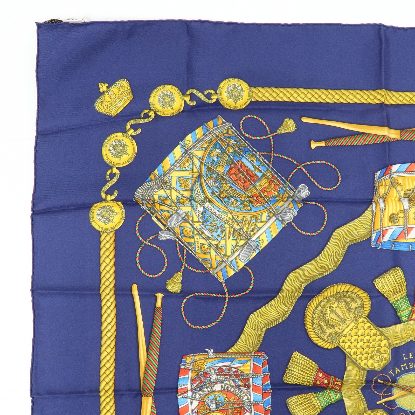 HERMES Carre 90 Silk 100% LES TAMBOURS Scarf Navy Gold