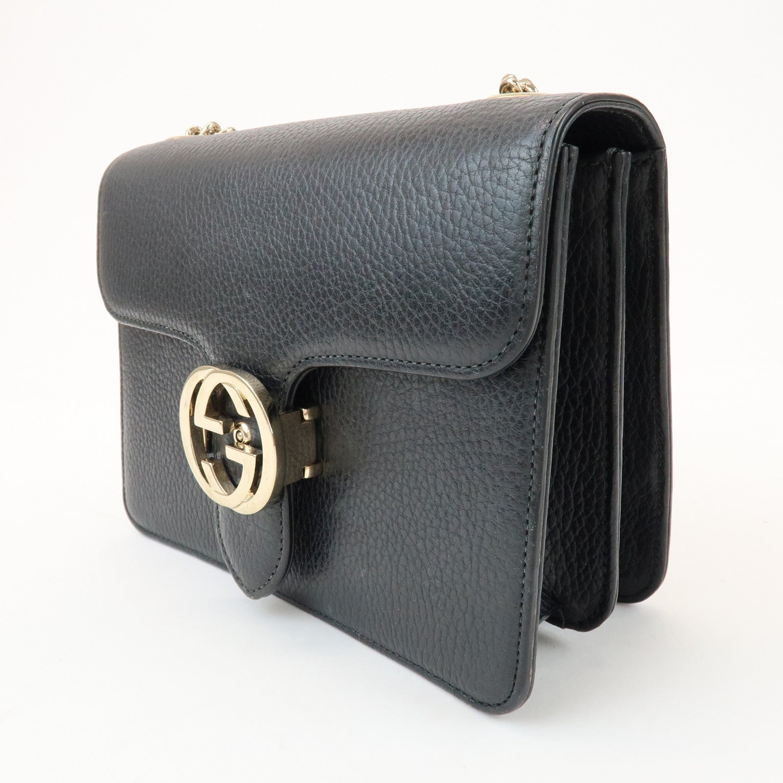 GUCCI Interlocking G Leather Chain Shoulder Hand Bag Black 510304