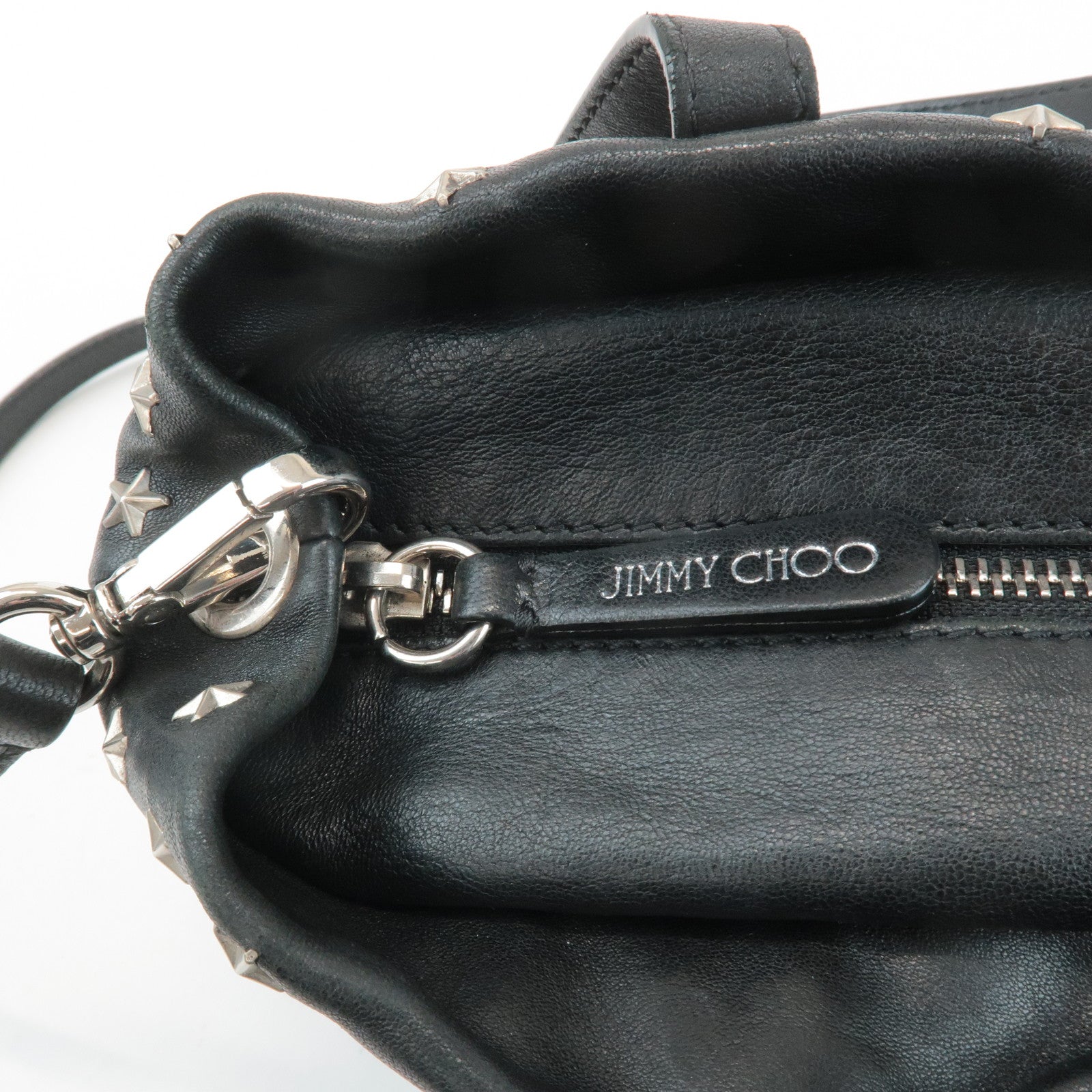 JIMMY CHOO Leather Star Studs Tote Bag Hand Bag Black Silver HDW Used