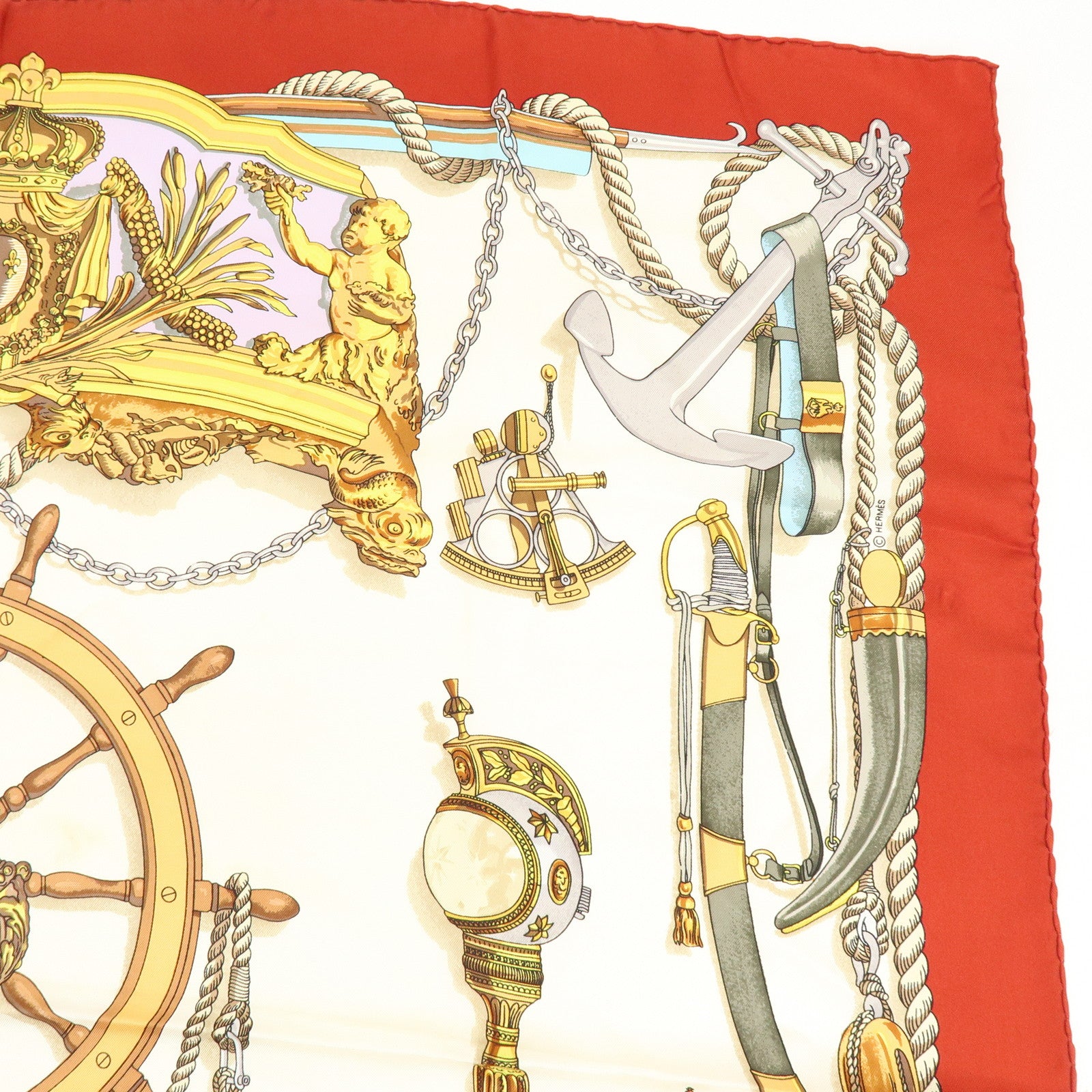 HERMES Carre 90 Silk 100% Scarf MUSEE Museum Print Red Beige