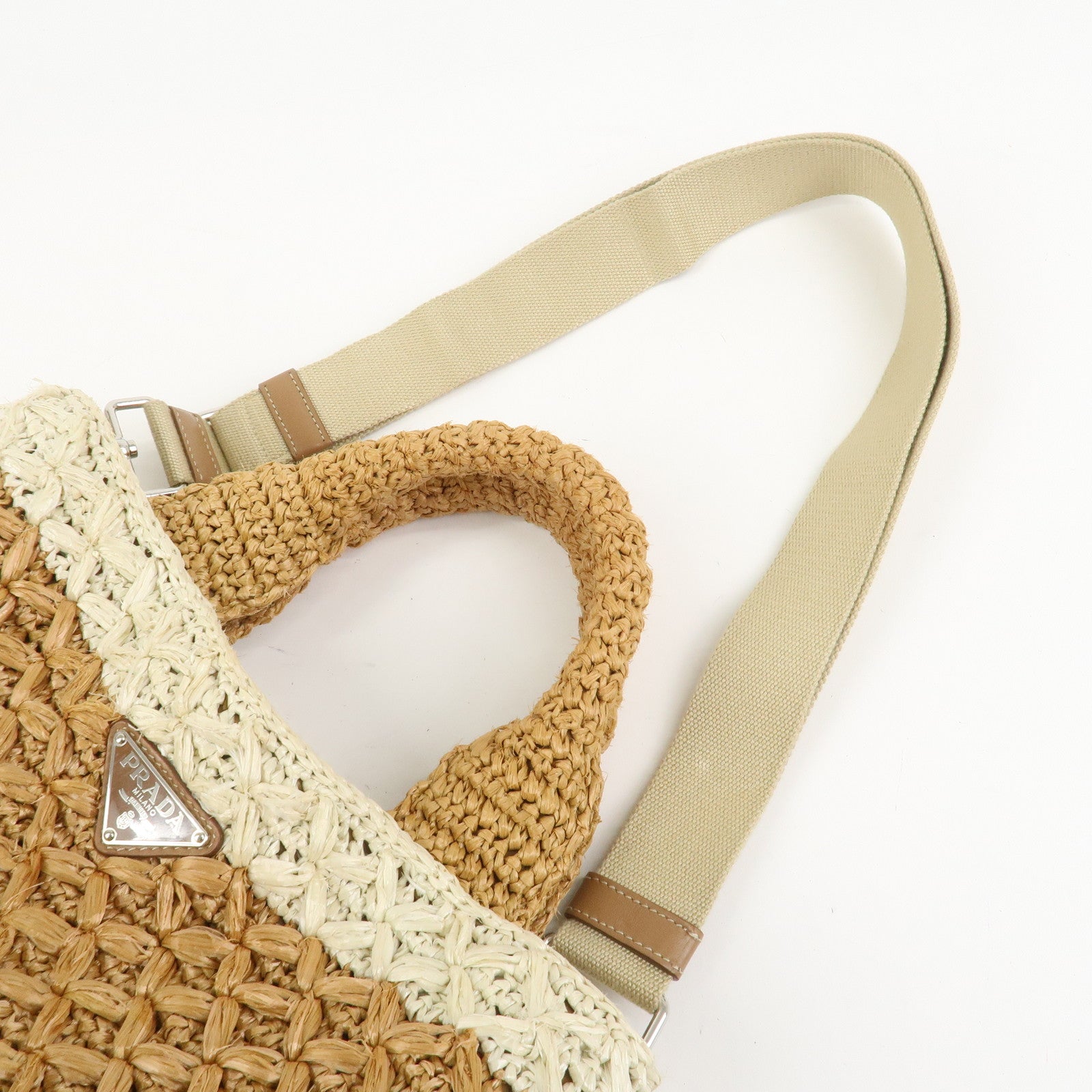 PRADA Canapa Raffia 2 Way Bag Hand Shoulder Bag Brown Ivory BN2889