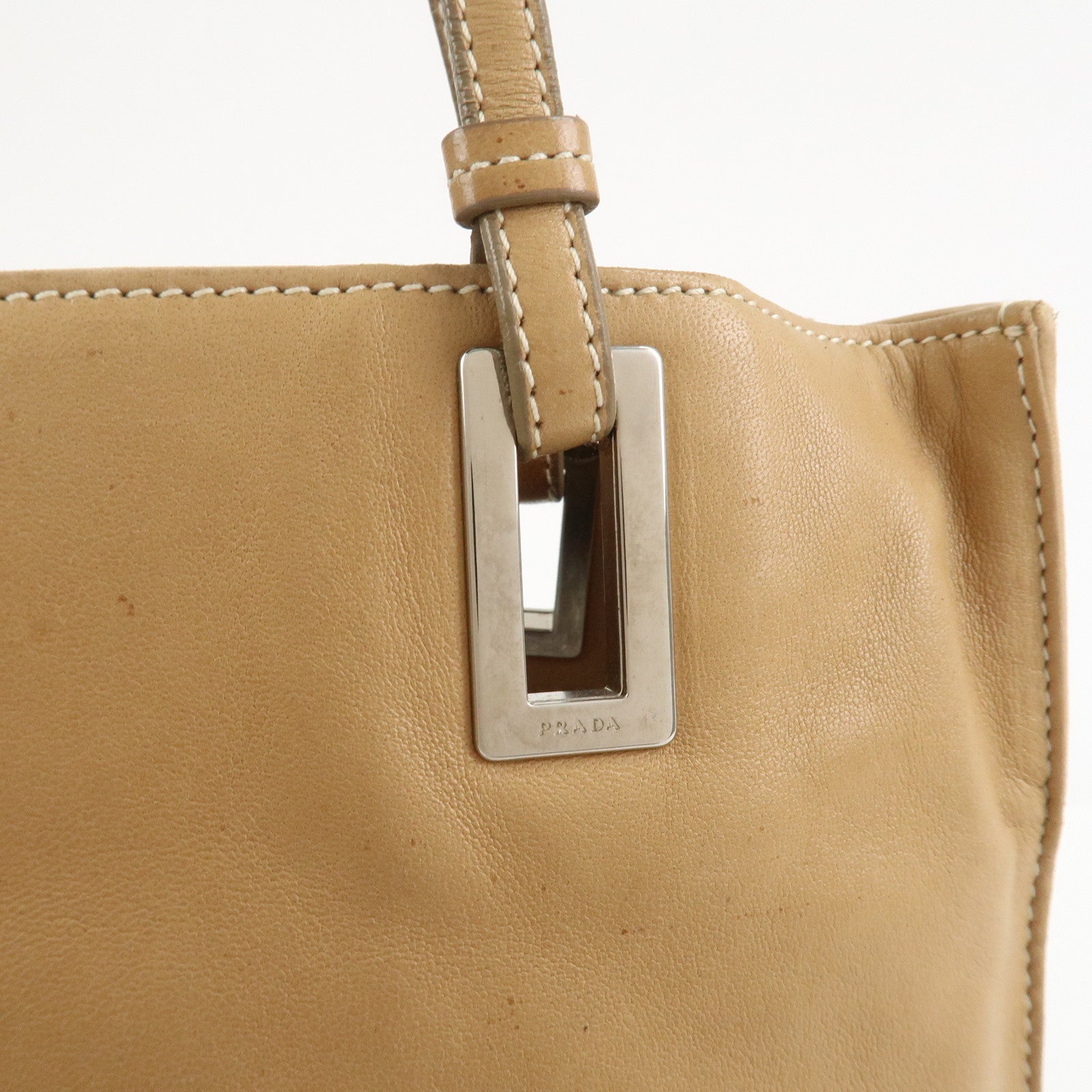 PRADA Triangle Logo Lambskin Tote Bag Shoulder Bag Beige BR1566