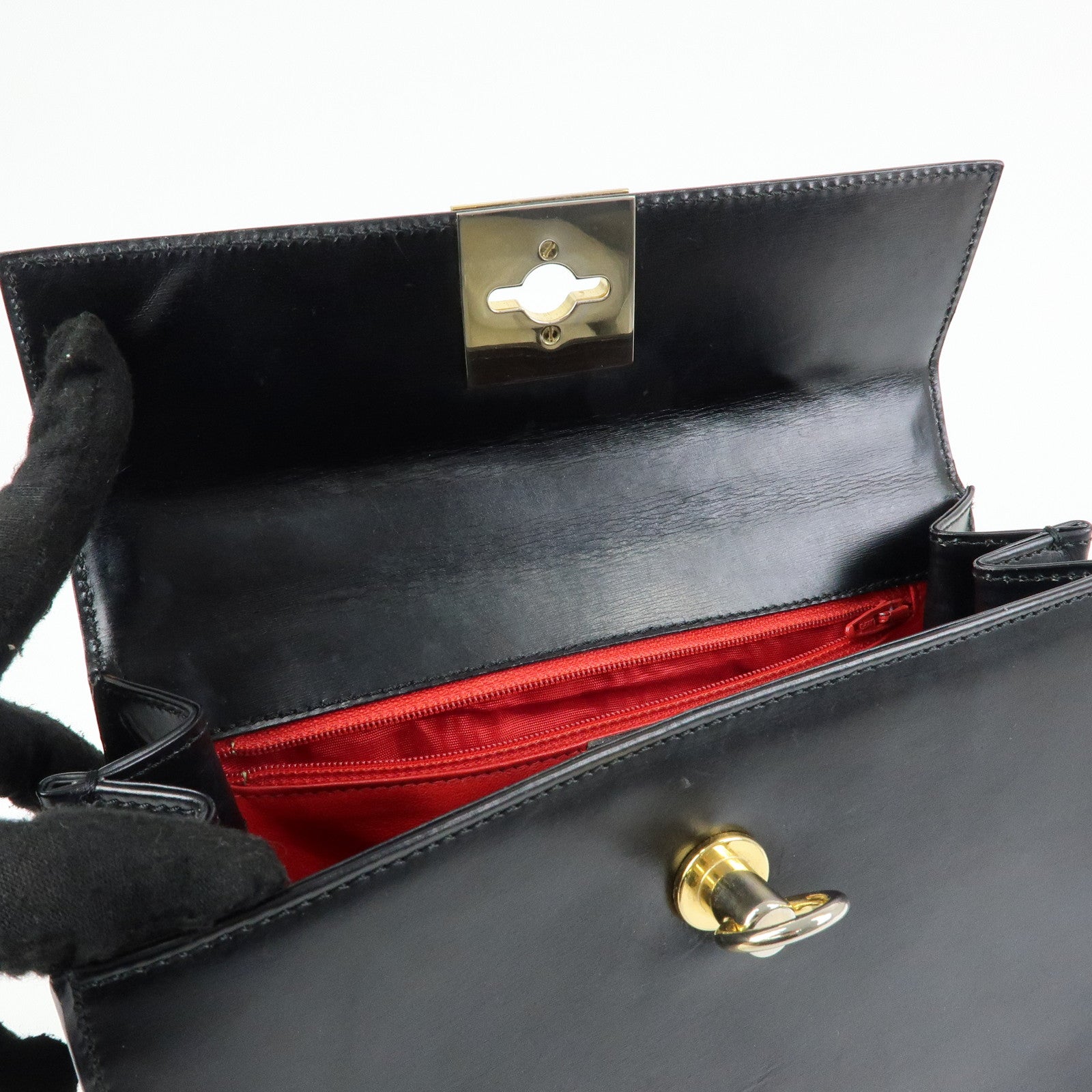 CELINE Leather Top Handle 2Way Hand Bag Shoulder Bag Black