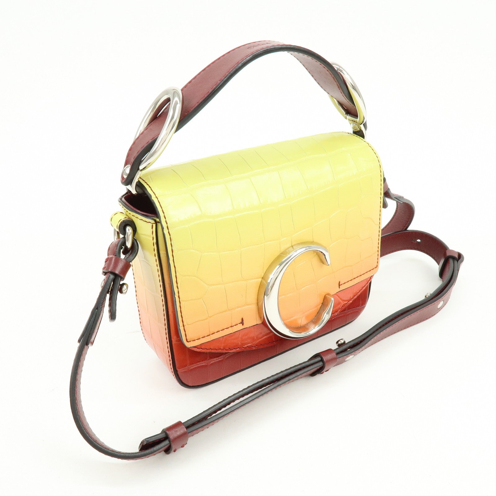 Chloe C Engrabed Leather 2Way Bag Shoulder Bag Bordeaux Yellow