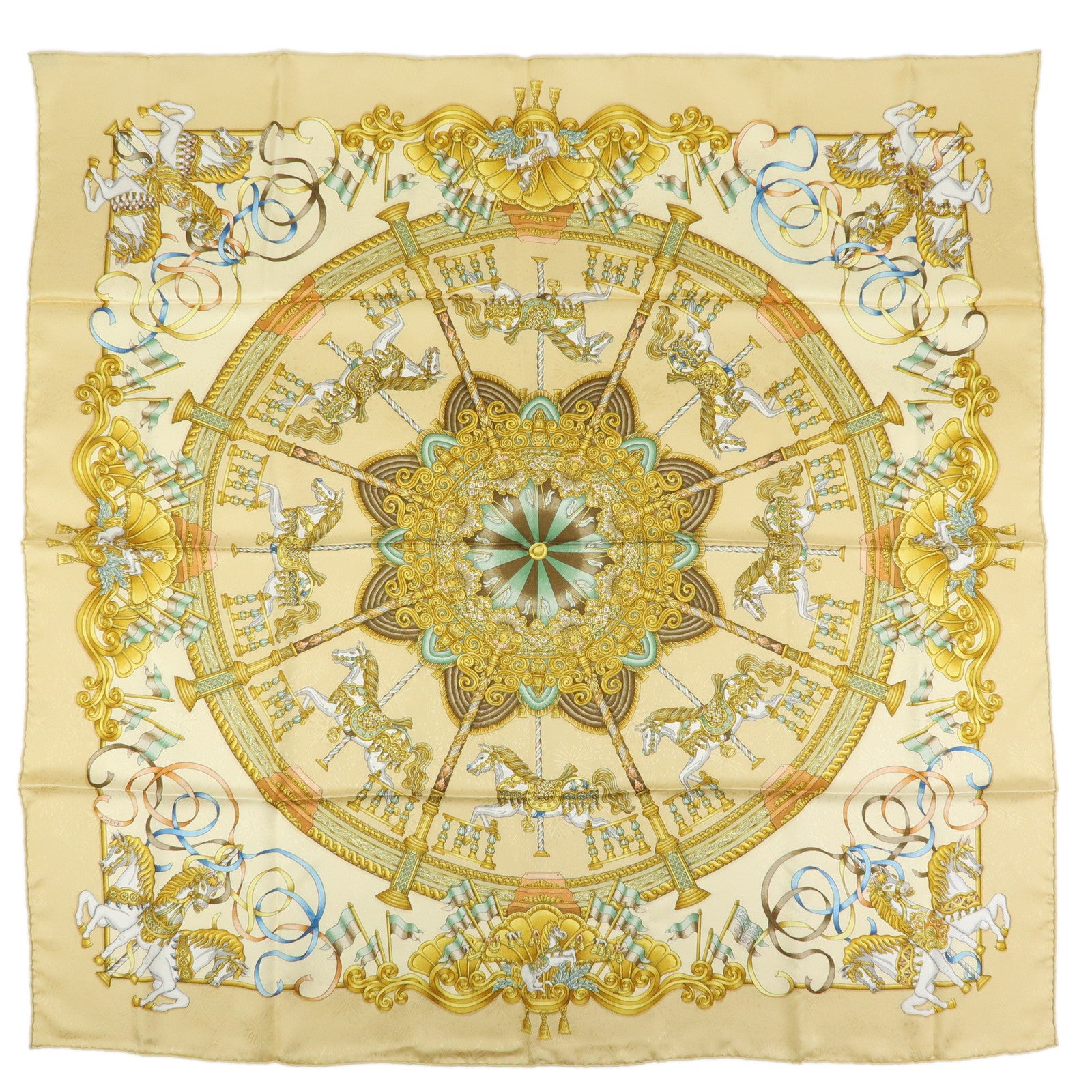 HERMES Carre 90 Silk 100% Scarf LUNA PARK Gold