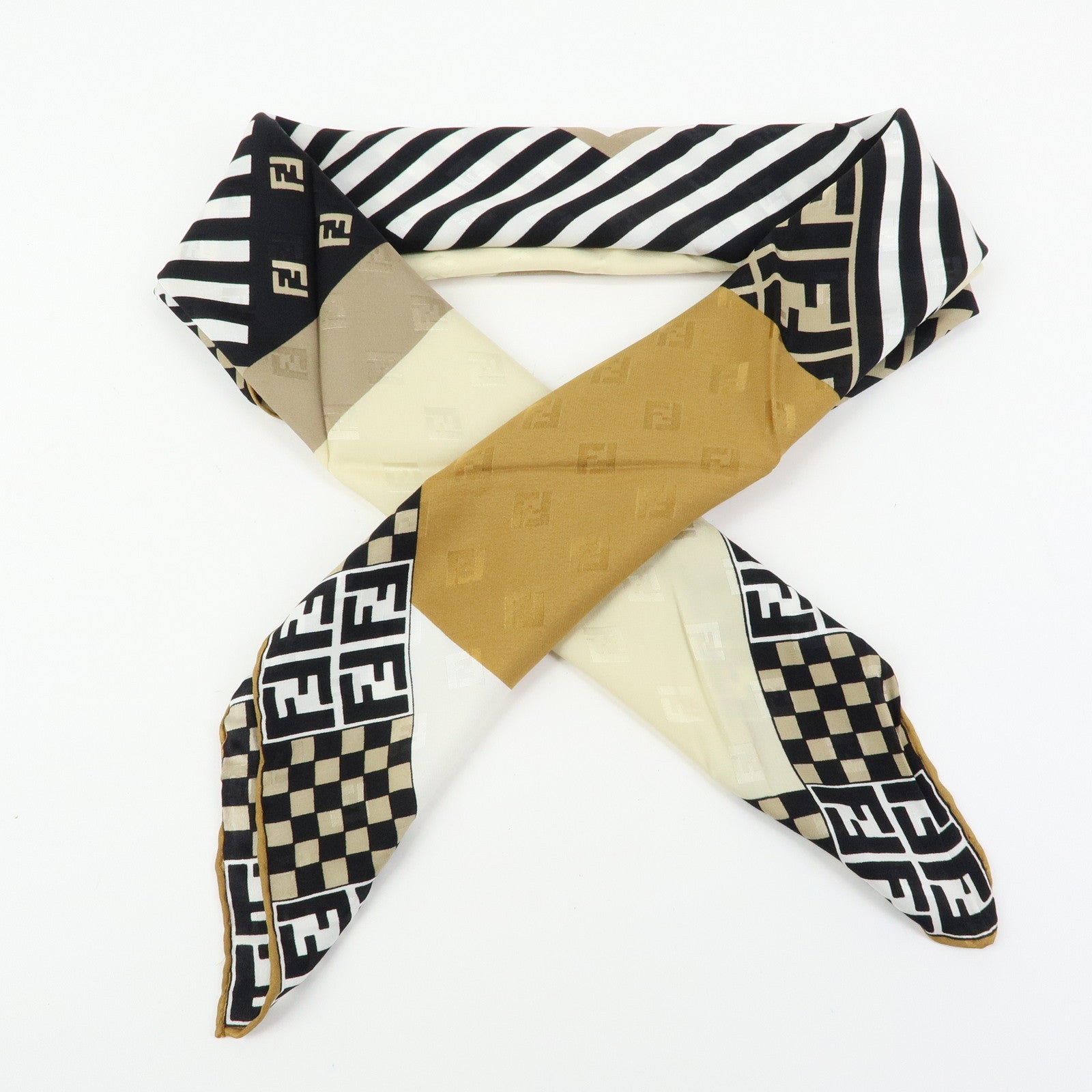 FENDI Zucca Silk 100% Scarf Black Beige Brown