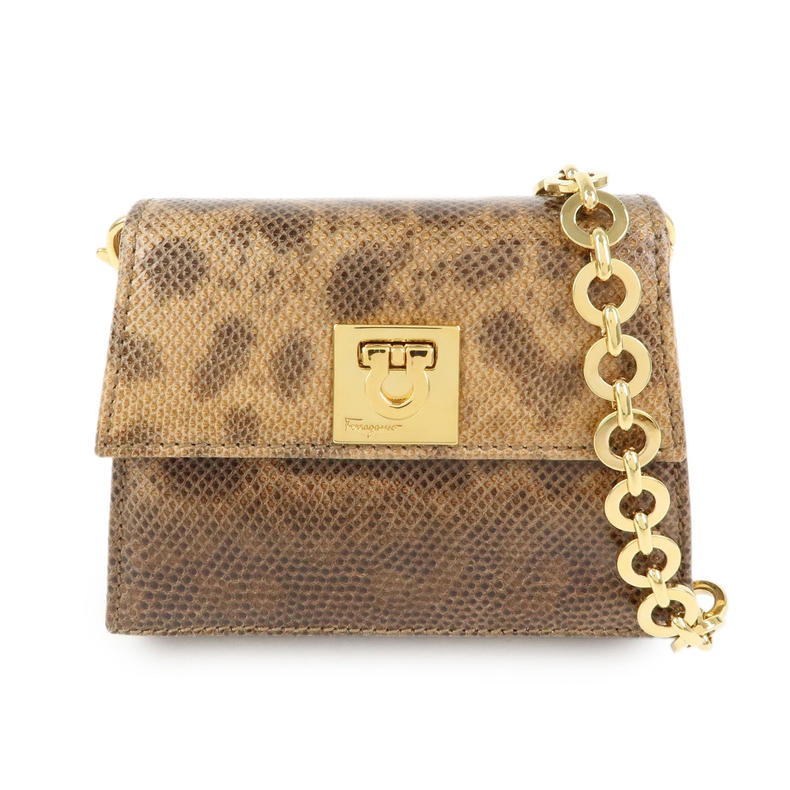 Ferragamo Gancini Embossed Leather 2Way Mini Shoulder Bag Brown
