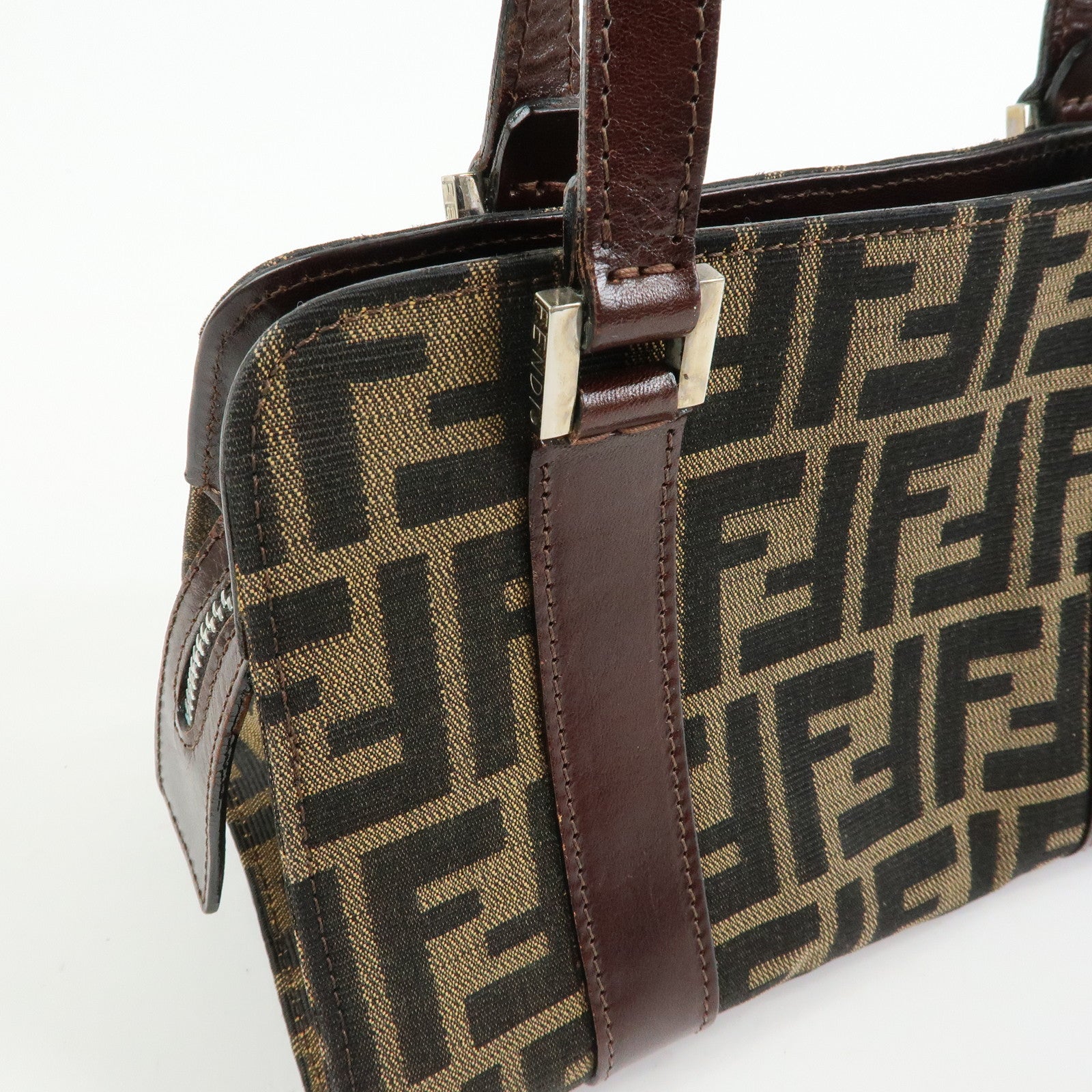 FENDI Zucca Jacquard Canvas Leather Top Handle Hand Bag Brown