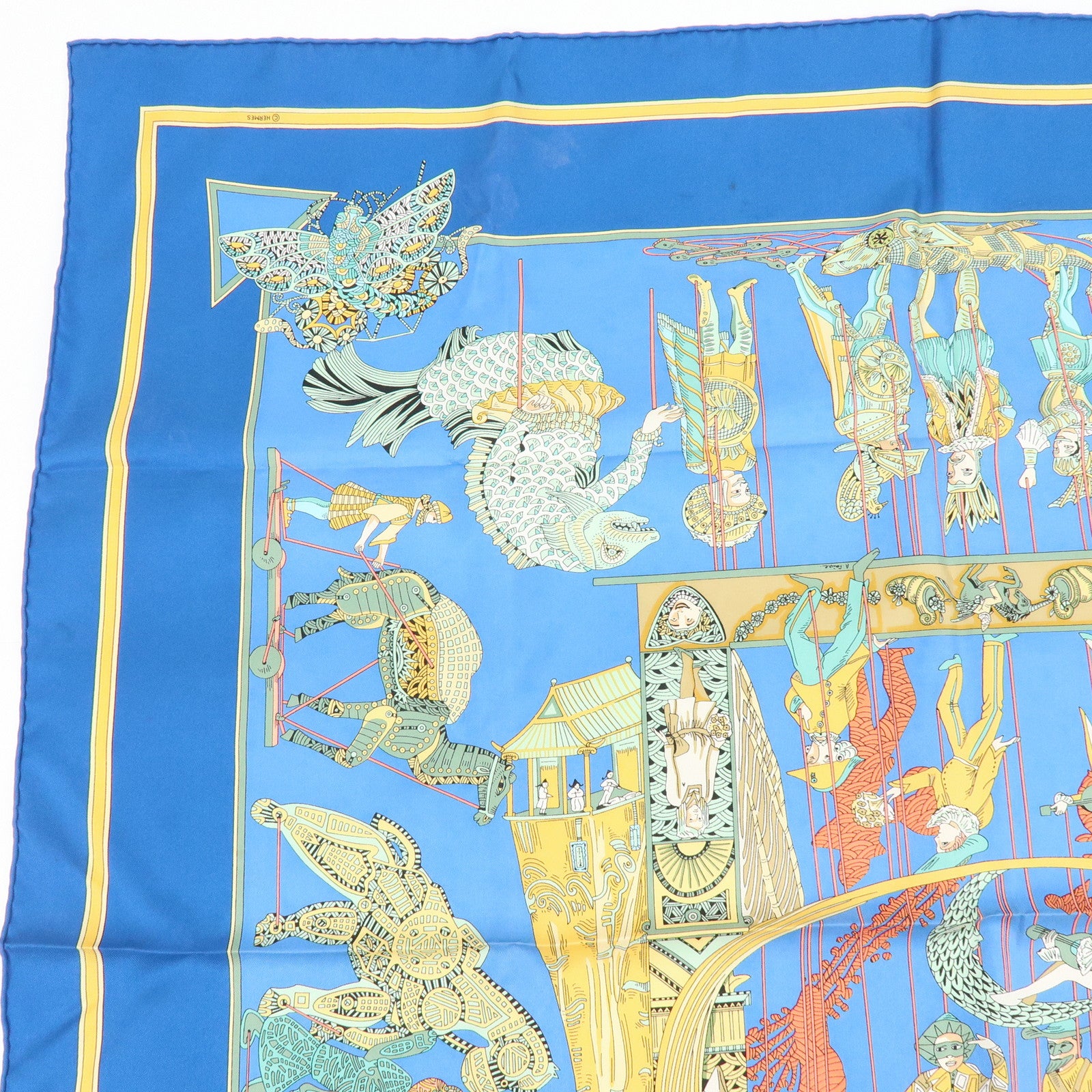 HERMES Carre 90 Silk 100% Scarf LE TEMPS des MARIONNETTES Blue