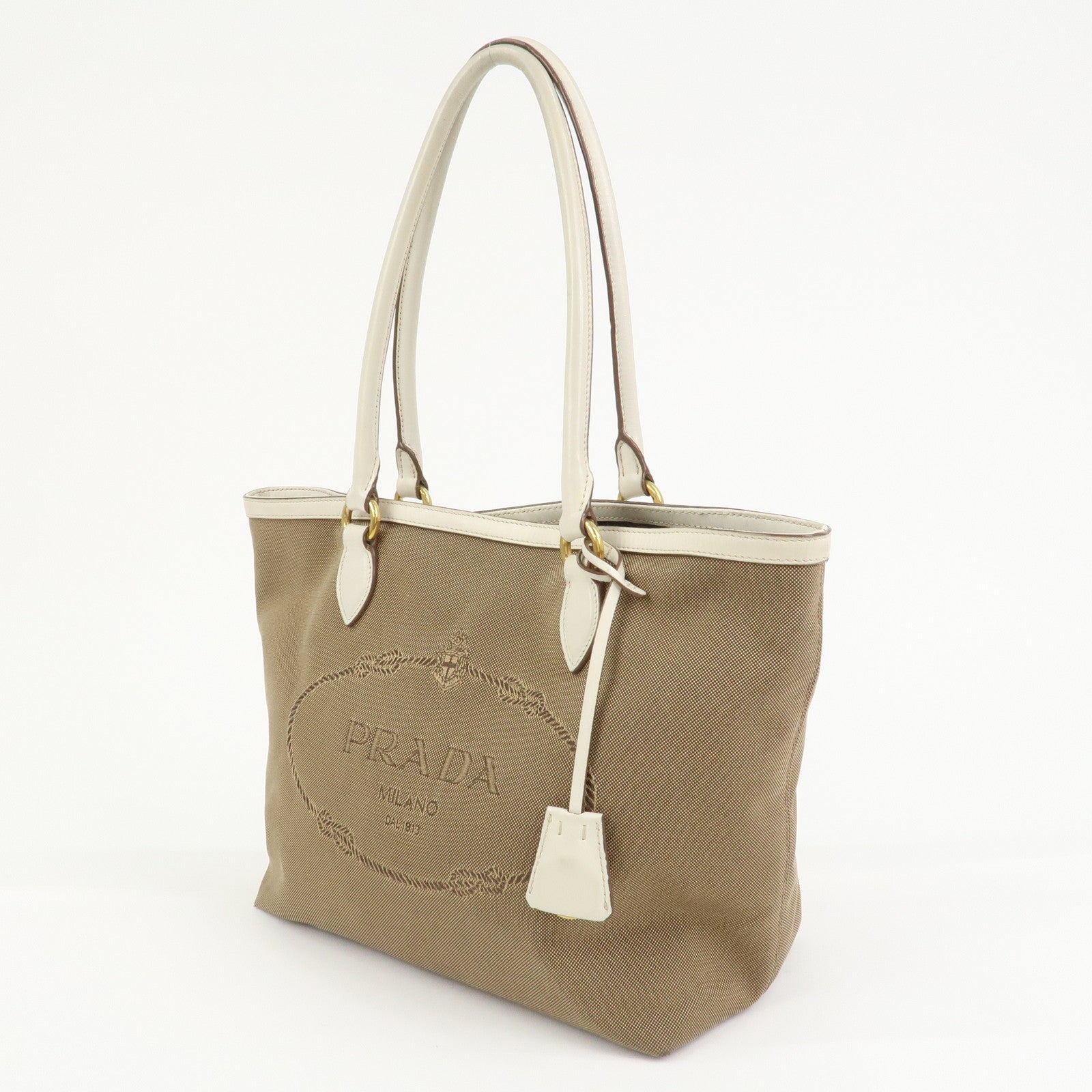 PRADA Logo Jacquard Leather Tote Bag Hand Bag Beige Ivory 1BG158
