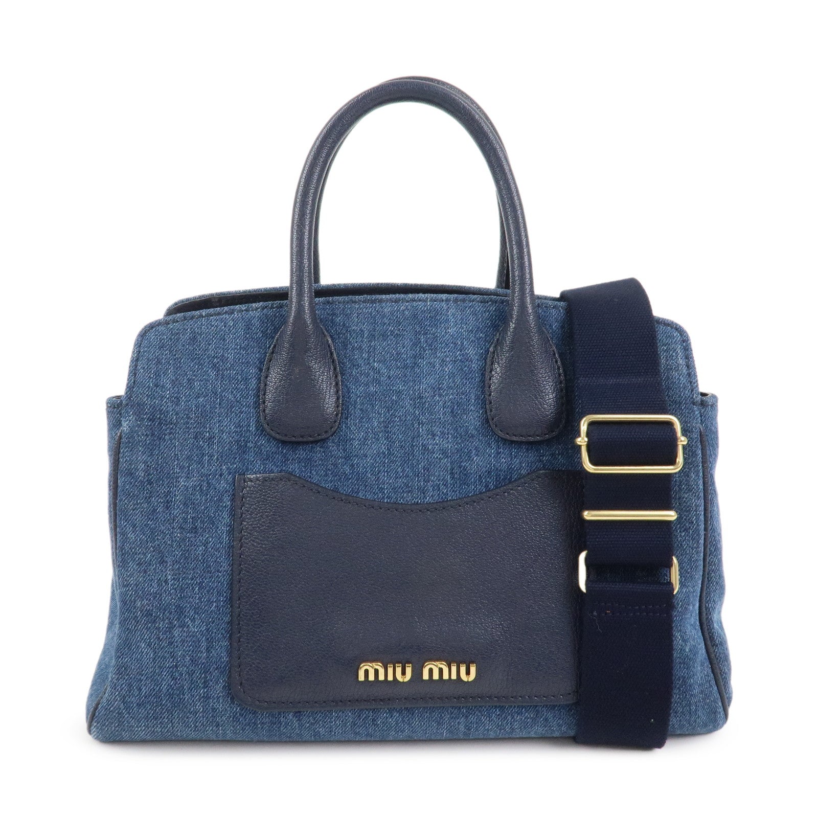 MIU MIU Madras Denim Leather 2Way Hand Bag Shoulder Bag 5BA130