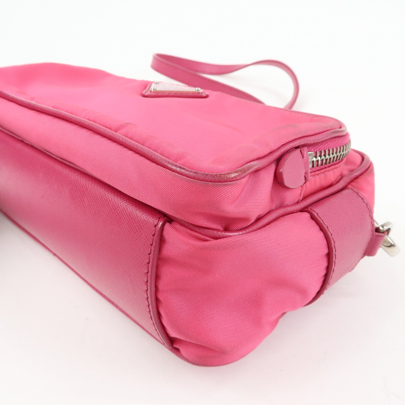 PRADA Triangle Logo Nylon Leather Shoulder Bag Pink BT1010