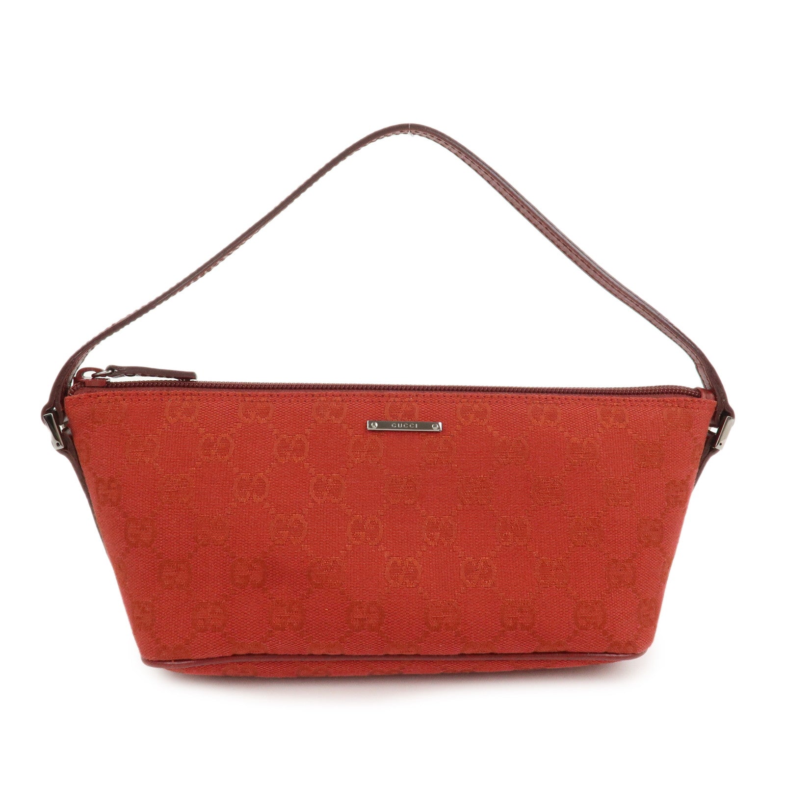 GUCCI Boat Bag GG Canvas Leather Hand Bag Pouch Red 07198