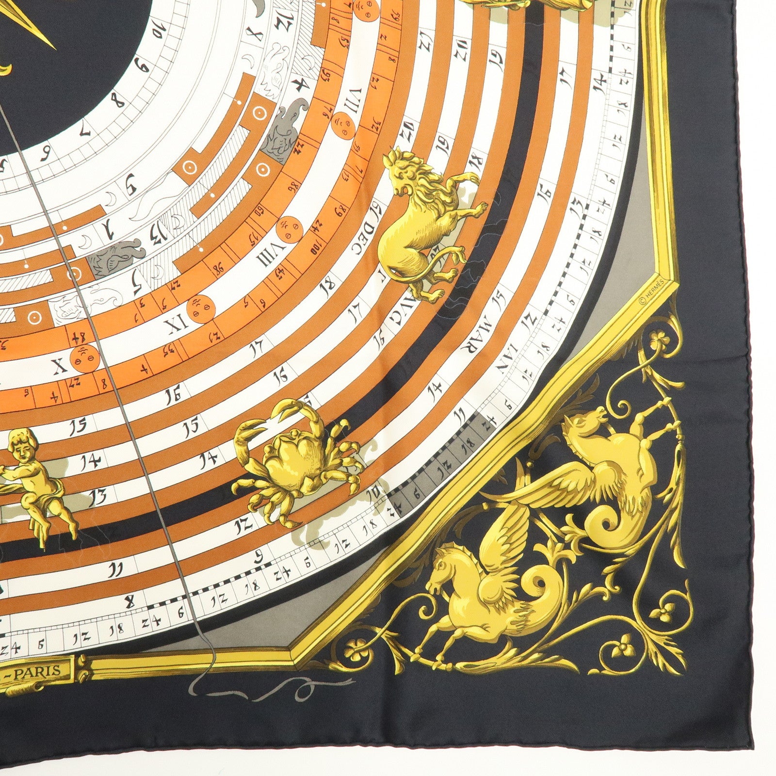 HERMES Carre 90 Silk 100% Scarf DIES ET HORE Black Gold White