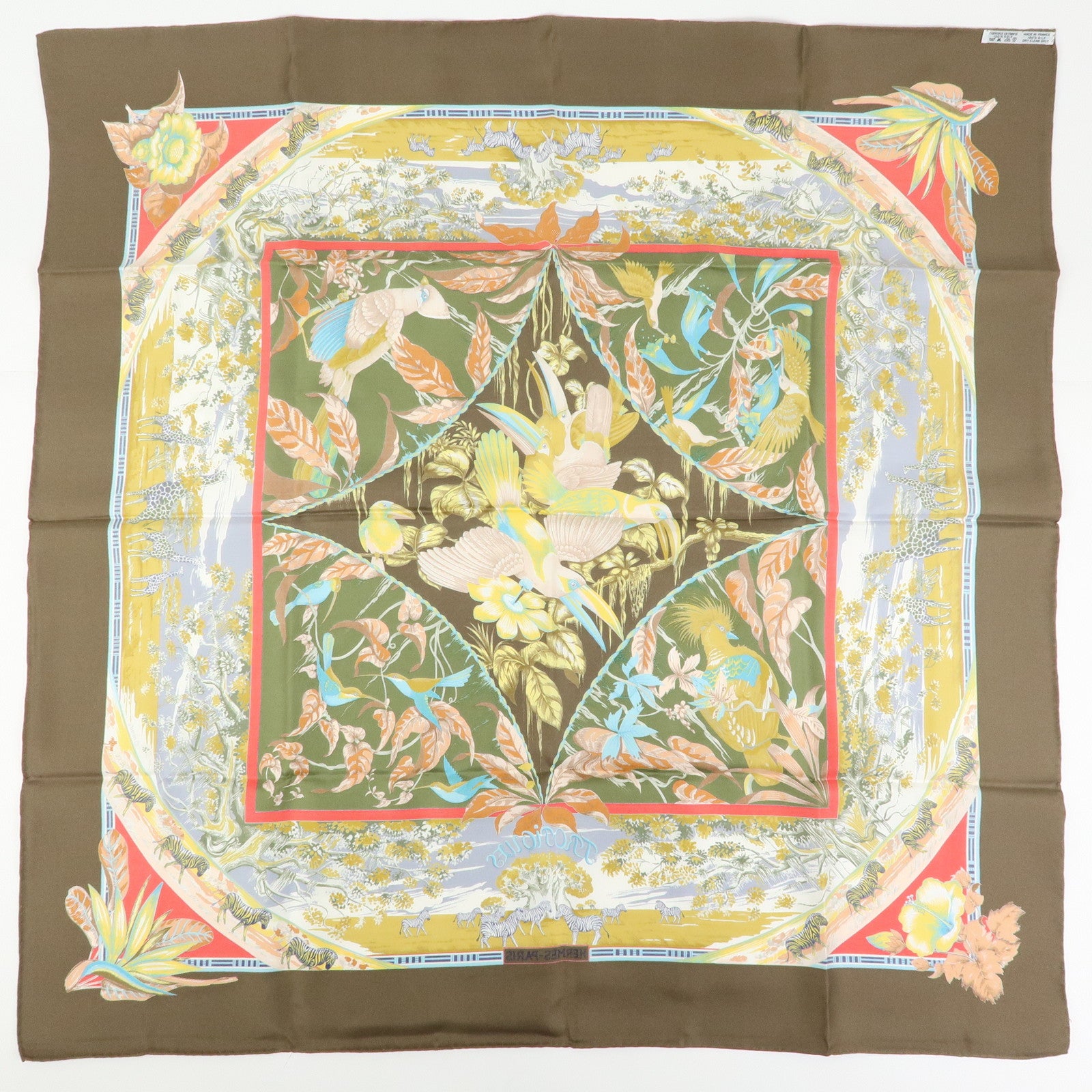 HERMES Carre 90 Silk 100% Scarf TROPIOUES Brown