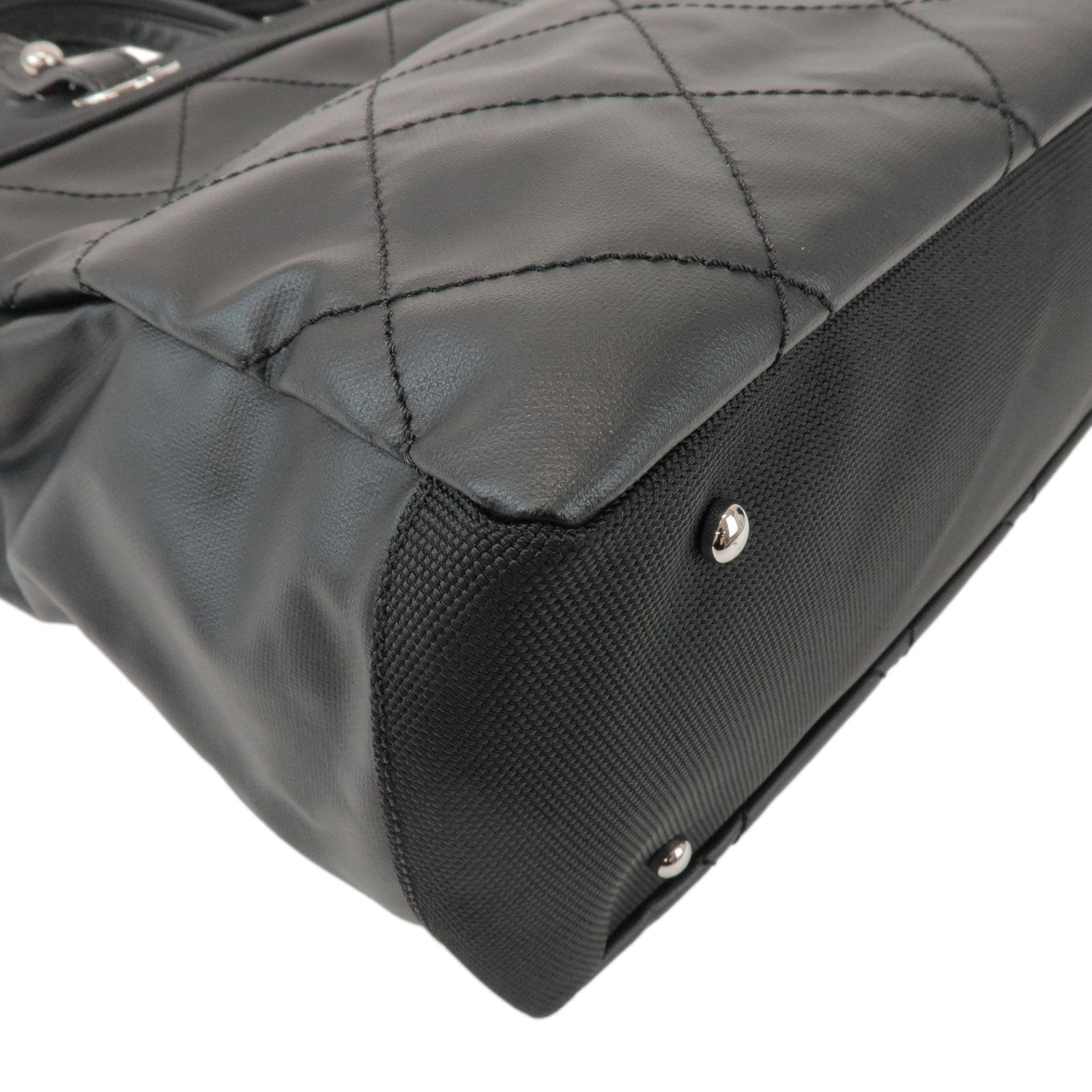 CHANEL Paris Biarritz MM Leather Canvas Tote Bag Black A34209