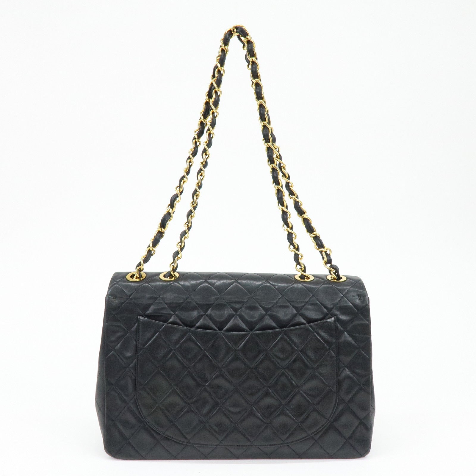 CHANEL Matelasse Lamb Skin Maxi 34 Single Flap Shoulder Bag Black