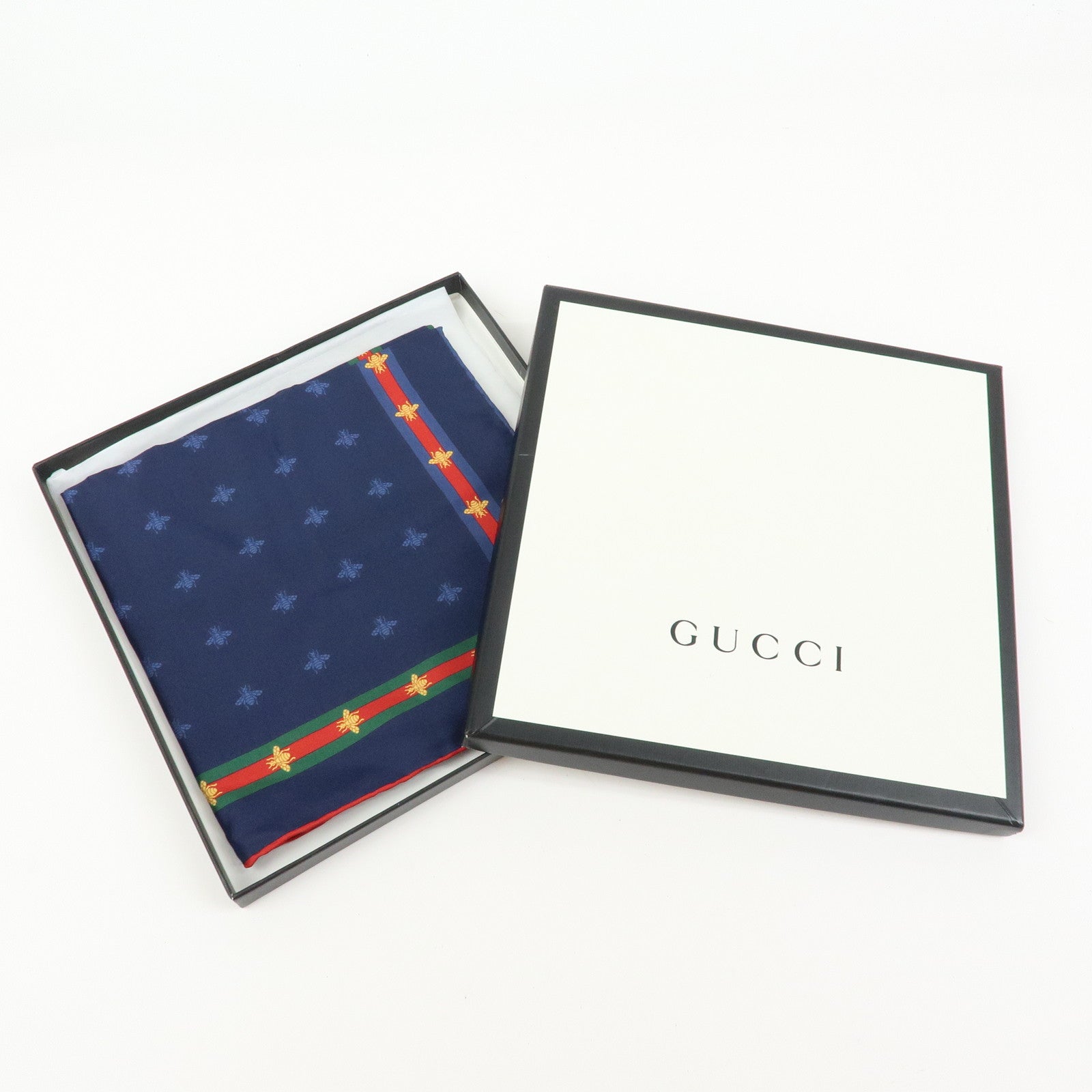 GUCCI Silk 100% Scarf 42x42 Bee Motif Navy