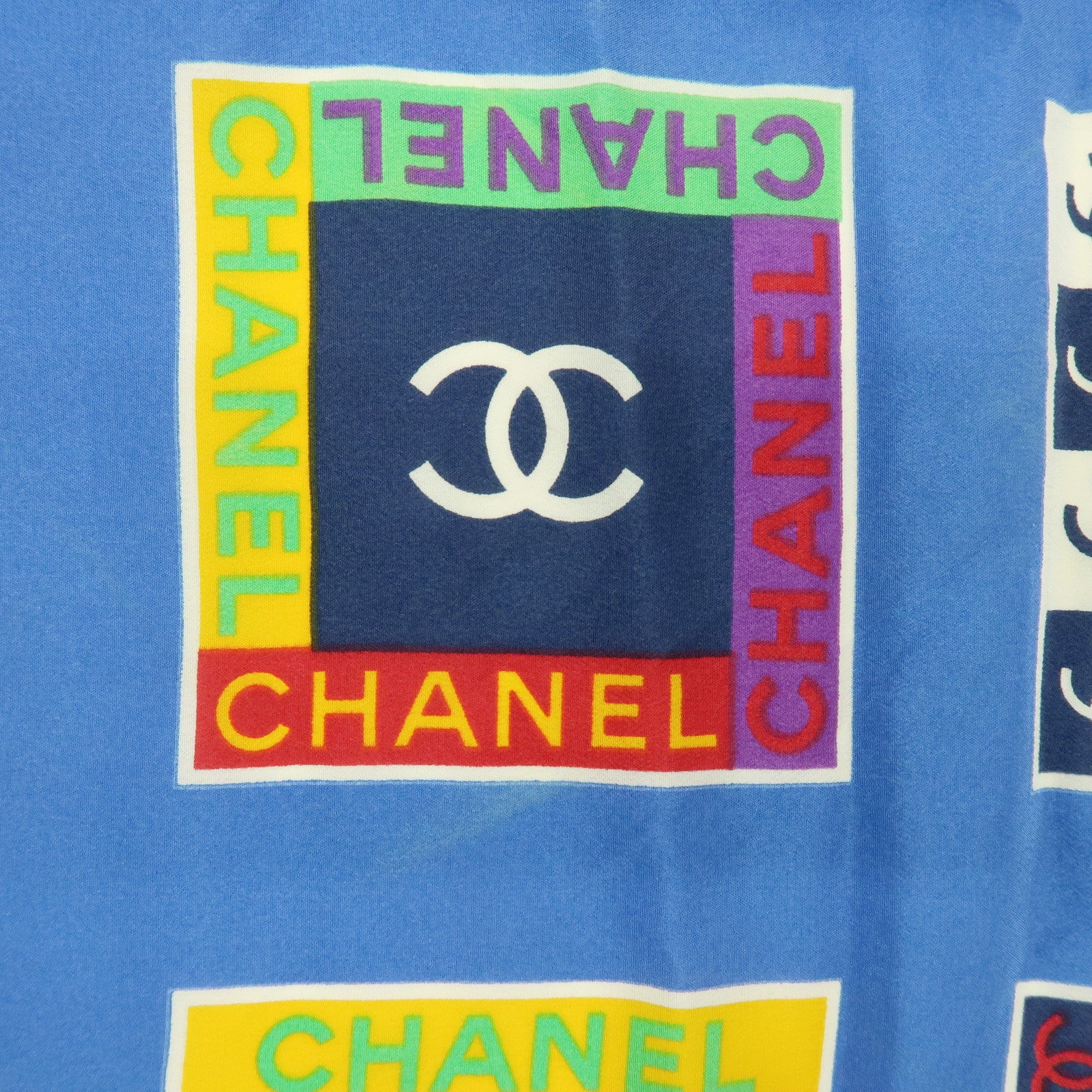 CHANEL COCO Mark Silk 100% Scarf Logo Print Blue Multicolor
