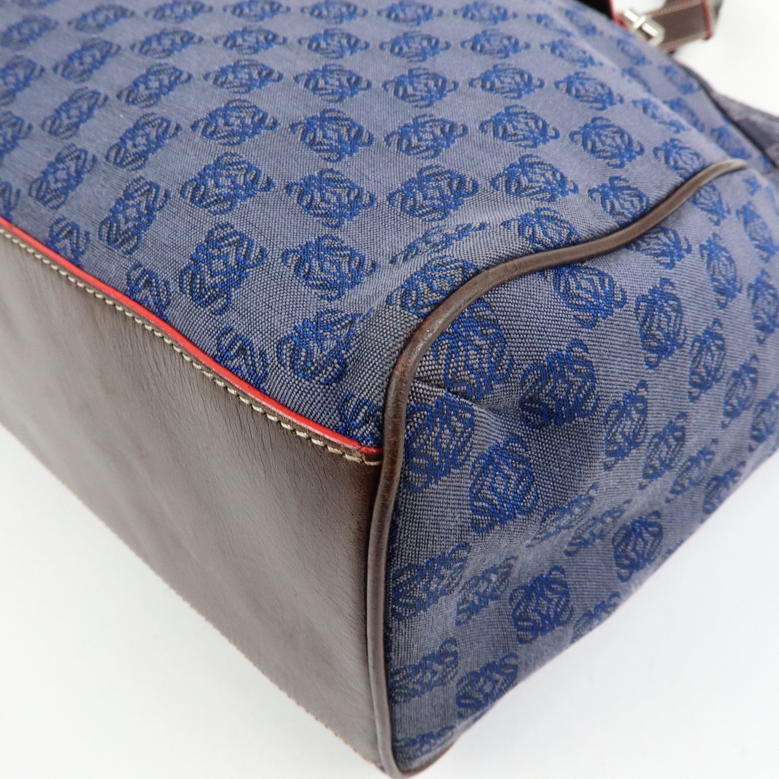 LOEWE Repeat Anagram Canvas Leather Tote Bag Hand Bag Blue Brown
