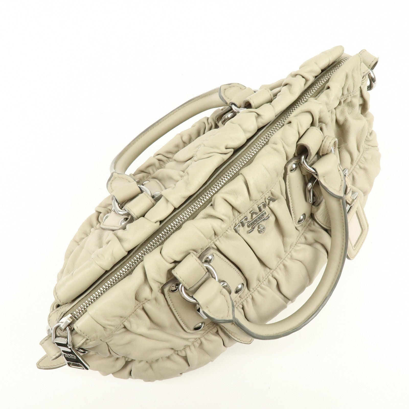 PRADA Leather 2Way Bag Hand Bag Shoulder Bag Beige