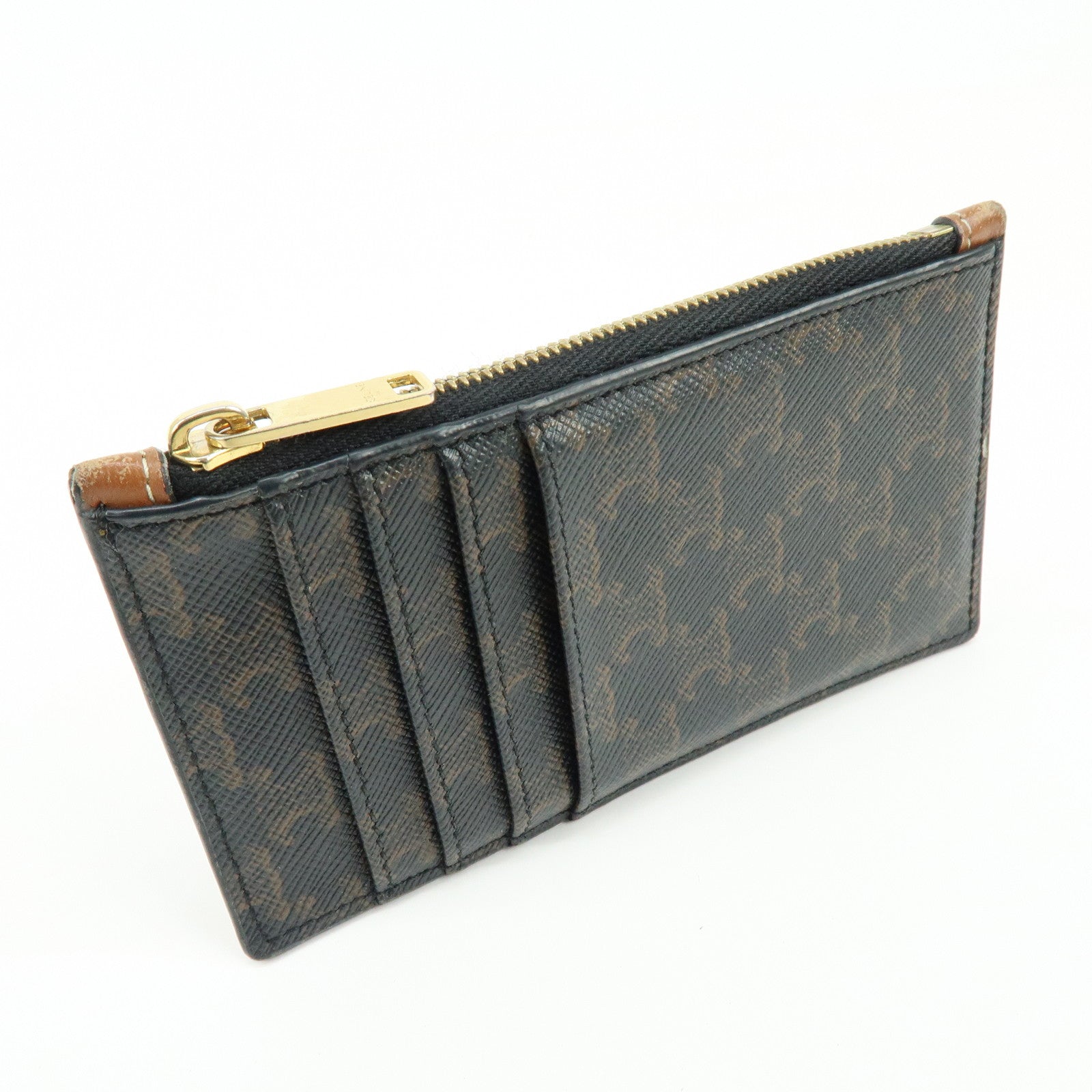 CELINE Triomphe Leather PVC Canvas Card Fragment Case Black Brown