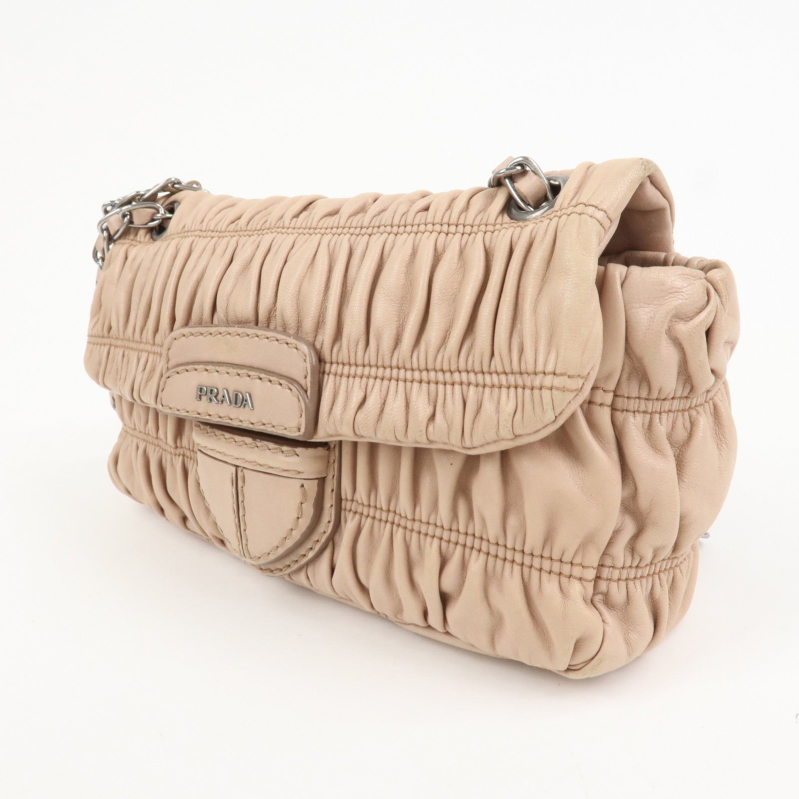 PRADA Leather Gathered Chain Shoulder Bag Pink Beige B4695C