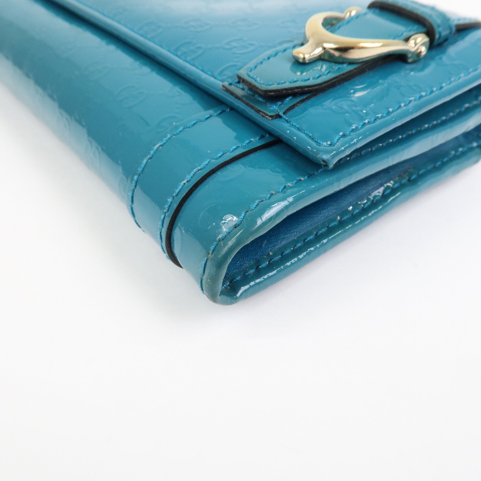 GUCCI  Patent Leather Flap Long Wallet Blue Green 309760